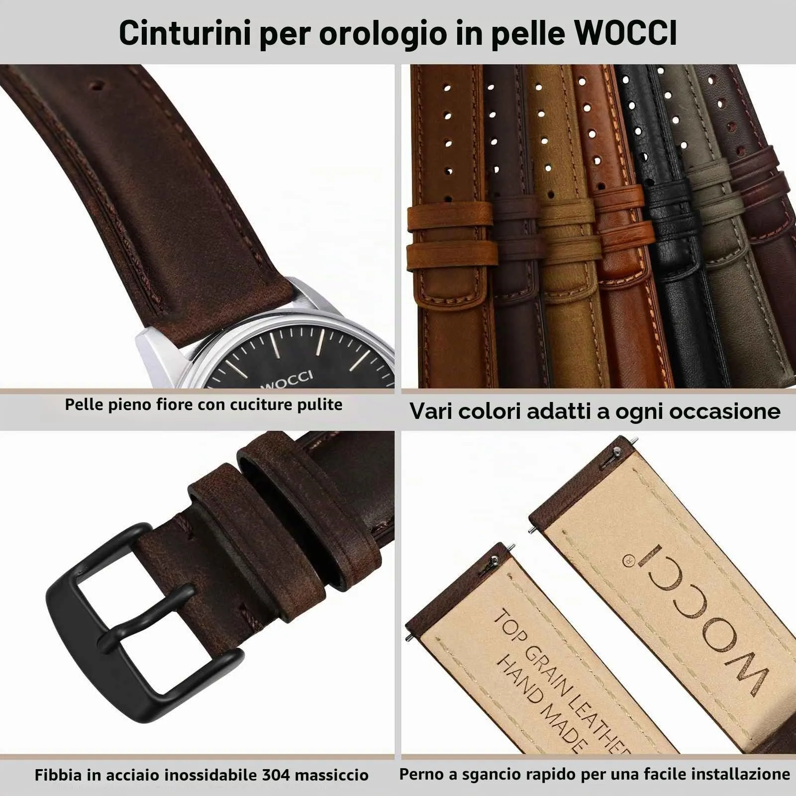 WOCCI 20mm Cinturino Orologio per Uomo e Donna, Vera Pelle - Pelle Grana Superiore, Sgancio Rapido, Fibbia Nera (Marrone Bistre) - immagine 4