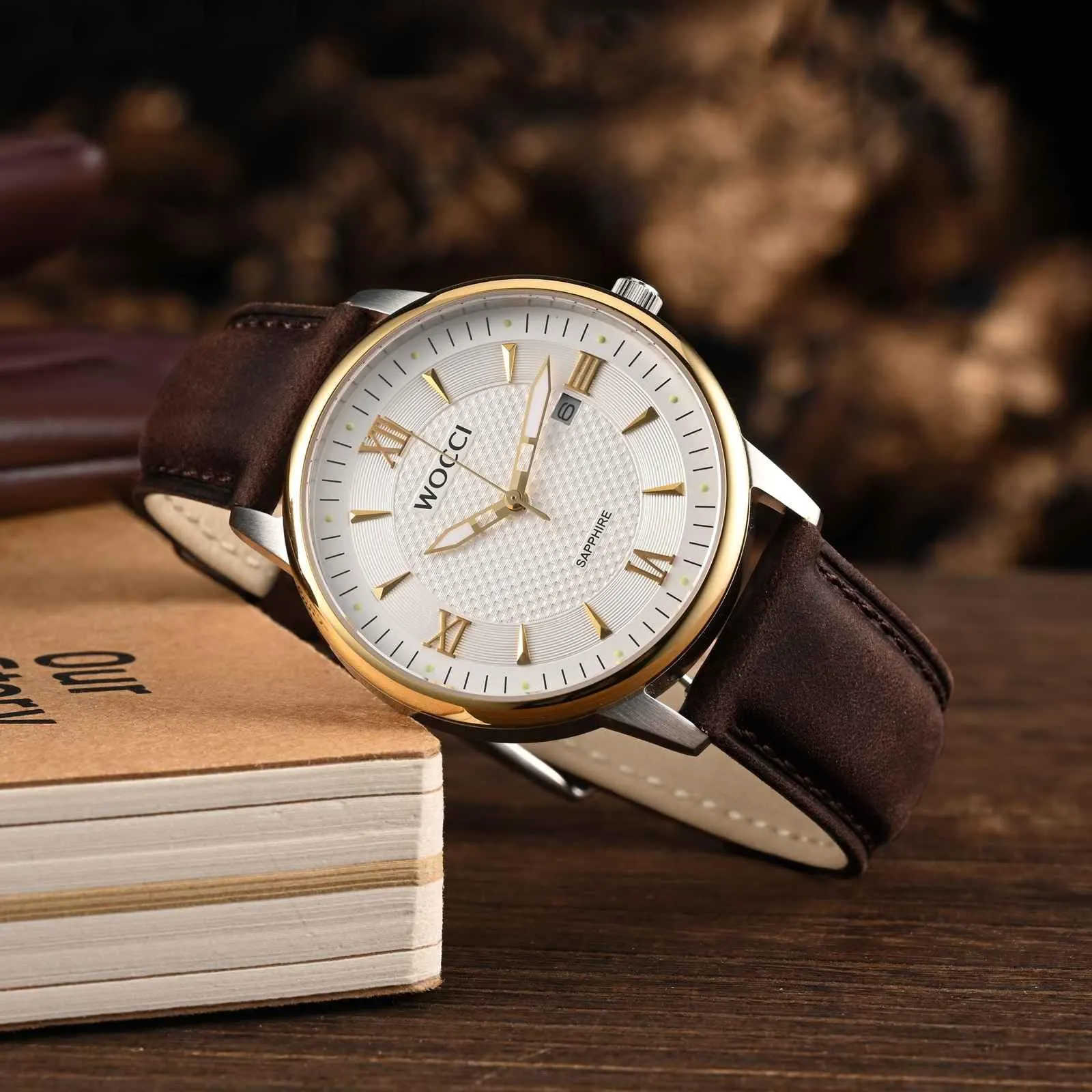 WOCCI 22mm Cinturino Orologio per Uomo e Donna, Vera Pelle - Pelle Grana Superiore, Sgancio Rapido, Fibbia Oro (Marrone Bistre) - immagine 2