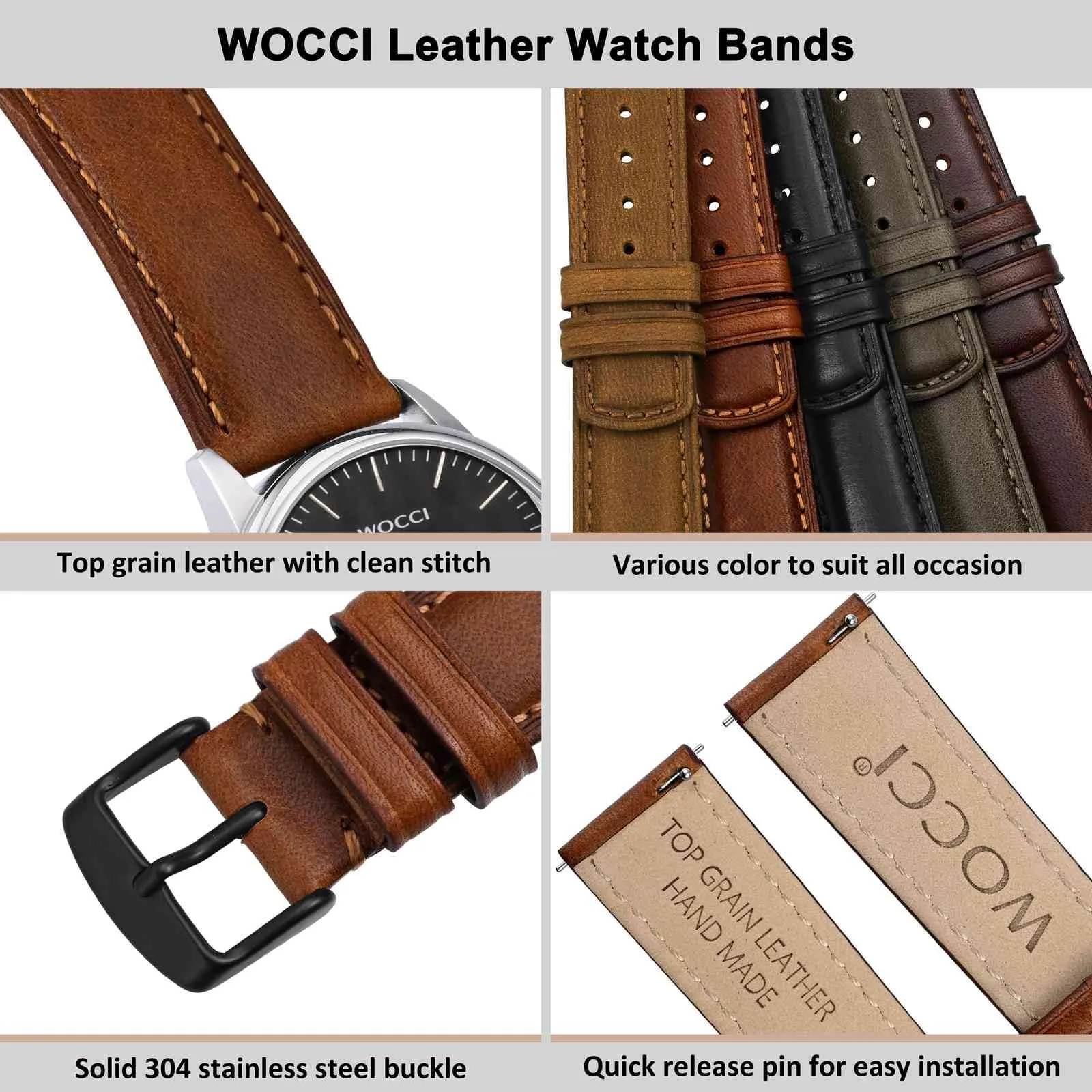 WOCCI 19mm Cinturino Orologio per Uomo e Donna, Vera Pelle - Pelle Grana Superiore, Sgancio Rapido, Fibbia Nera (Marrone Dorato) - immagine 4