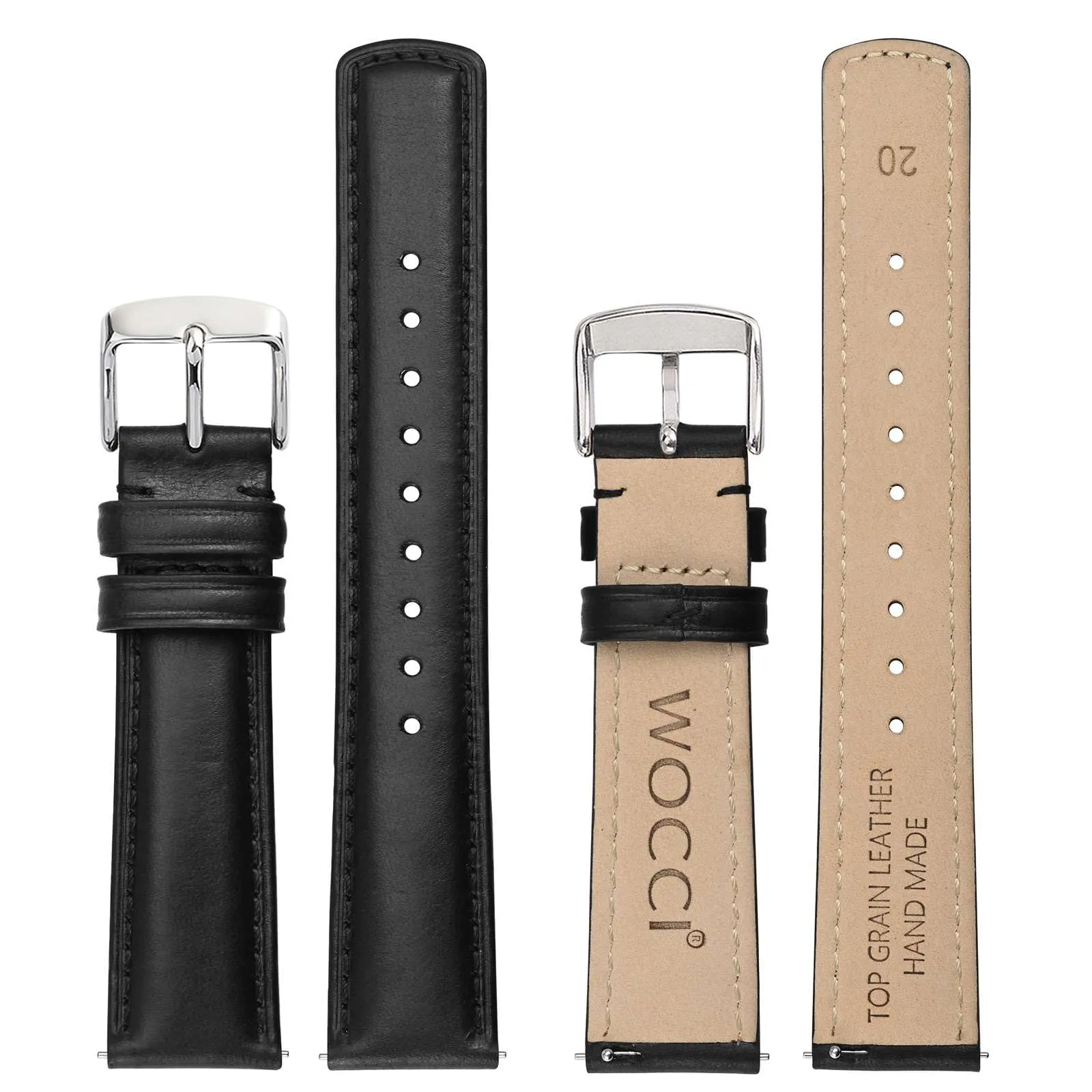 WOCCI 19mm Cinturino Orologio per Uomo e Donna, Vera Pelle - Pelle Grana Superiore, Sgancio Rapido, Fibbia Argento (Nero) - immagine 3