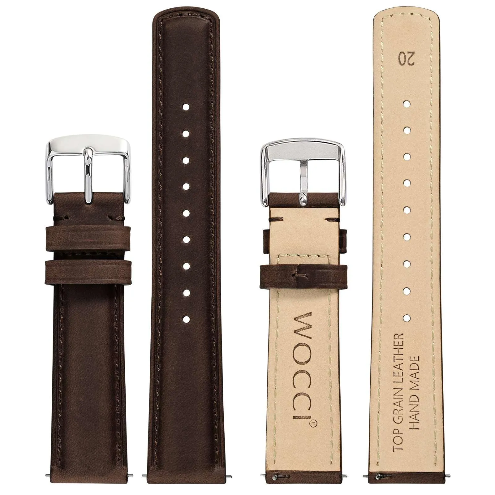 WOCCI 20mm Cinturino Orologio per Uomo e Donna, Vera Pelle - Pelle Grana Superiore, Sgancio Rapido, Fibbia Argento (Marrone Bistre) - immagine 3