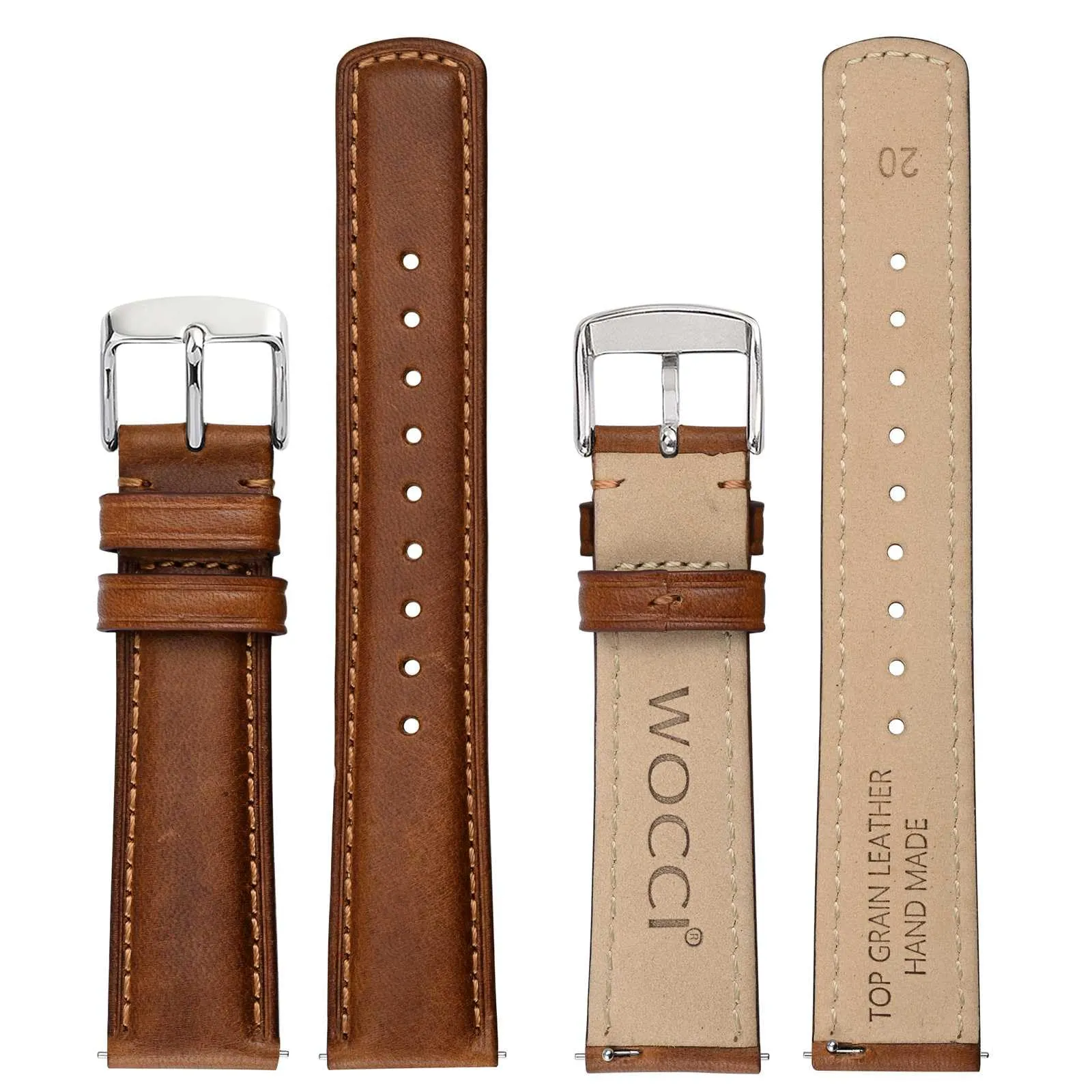 WOCCI 24mm Cinturino Orologio per Uomo e Donna, Vera Pelle - Pelle Grana Superiore, Sgancio Rapido, Fibbia Argento (Marrone Dorato) - immagine 3