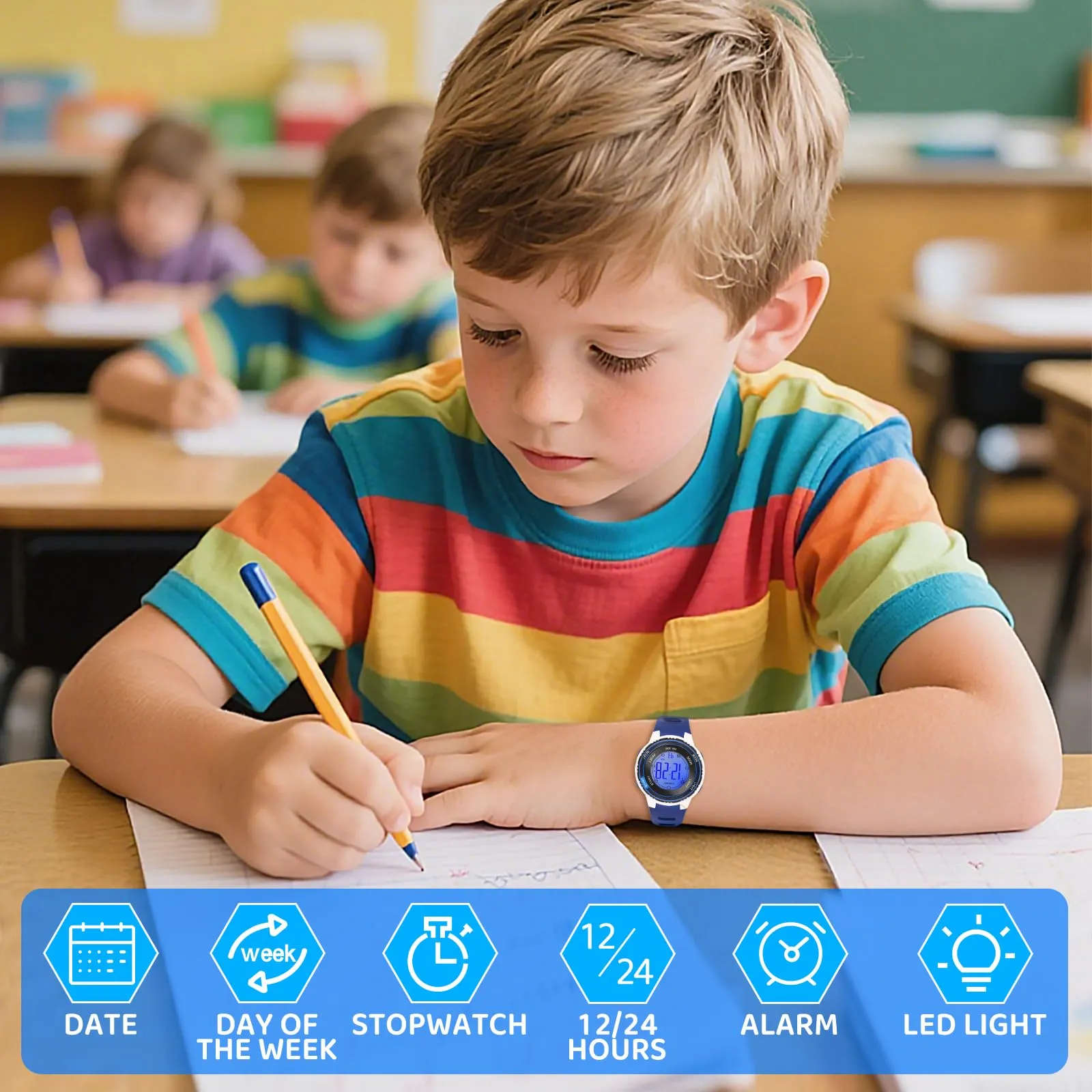 Edillas Orologio Digitale Bambino,7 Colori LED Orologio Sportivo e Multifunzionale da Polso per Ragazzi e Ragazze,Impermeabile 3 ATM,Sveglia/Cronometro/Data (Blu) - immagine 2
