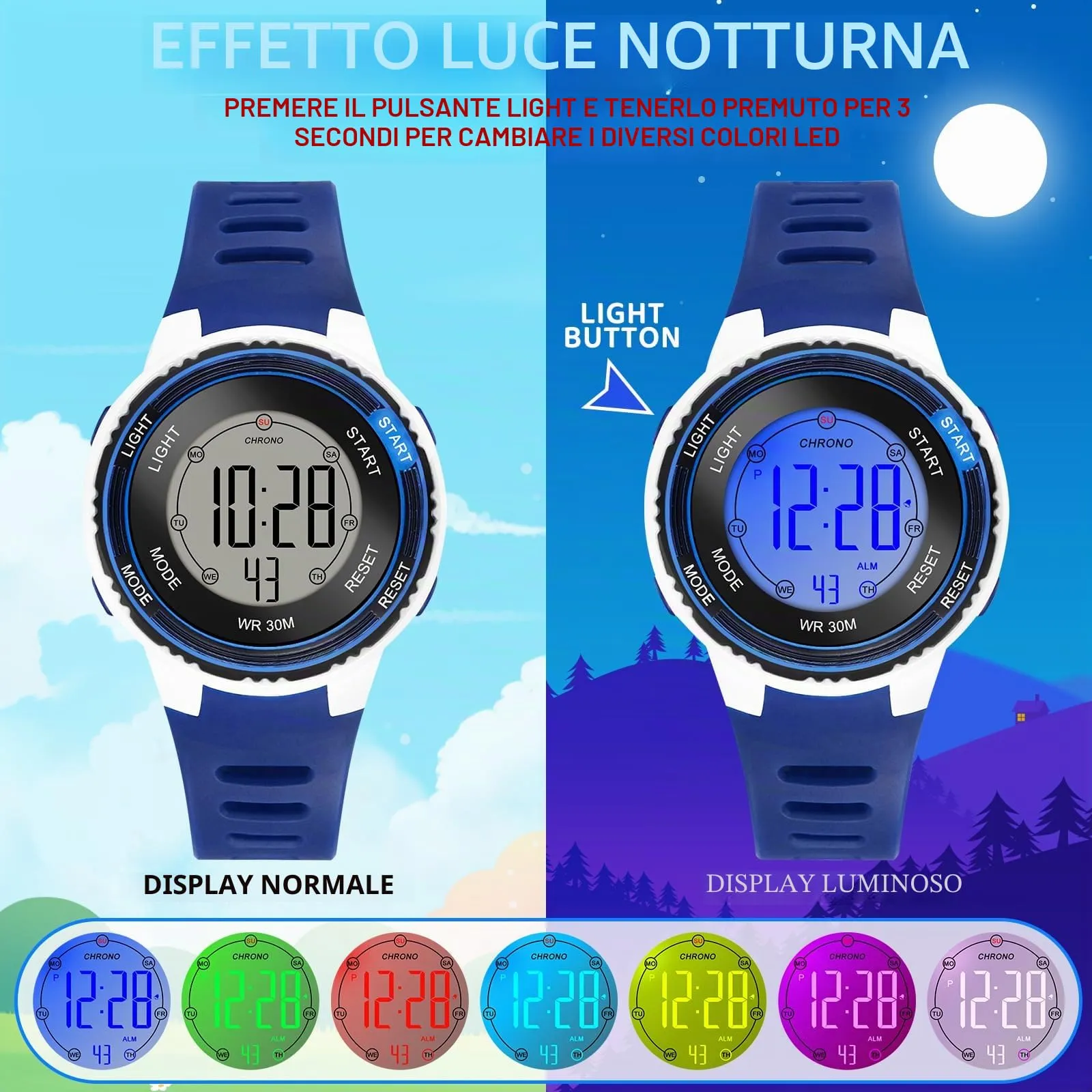 Edillas Orologio Digitale Bambino,7 Colori LED Orologio Sportivo e Multifunzionale da Polso per Ragazzi e Ragazze,Impermeabile 3 ATM,Sveglia/Cronometro/Data (Blu) - immagine 3