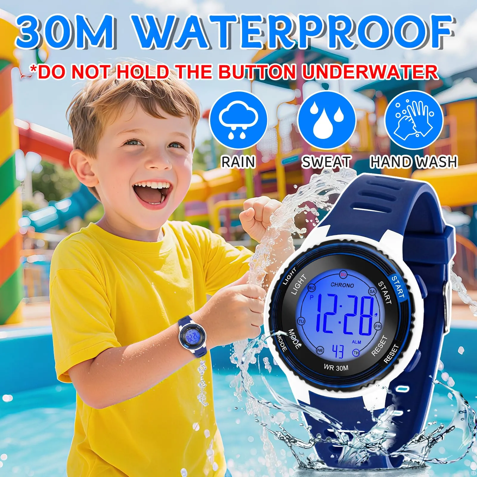 Edillas Orologio Digitale Bambino,7 Colori LED Orologio Sportivo e Multifunzionale da Polso per Ragazzi e Ragazze,Impermeabile 3 ATM,Sveglia/Cronometro/Data (Blu) - immagine 4