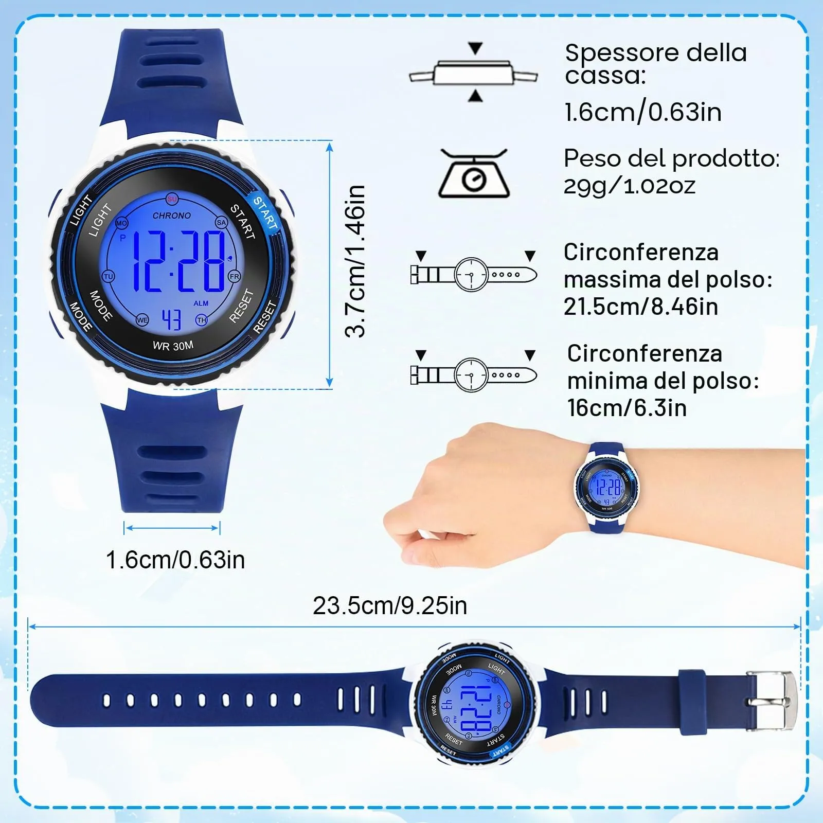 Edillas Orologio Digitale Bambino,7 Colori LED Orologio Sportivo e Multifunzionale da Polso per Ragazzi e Ragazze,Impermeabile 3 ATM,Sveglia/Cronometro/Data (Blu) - immagine 5
