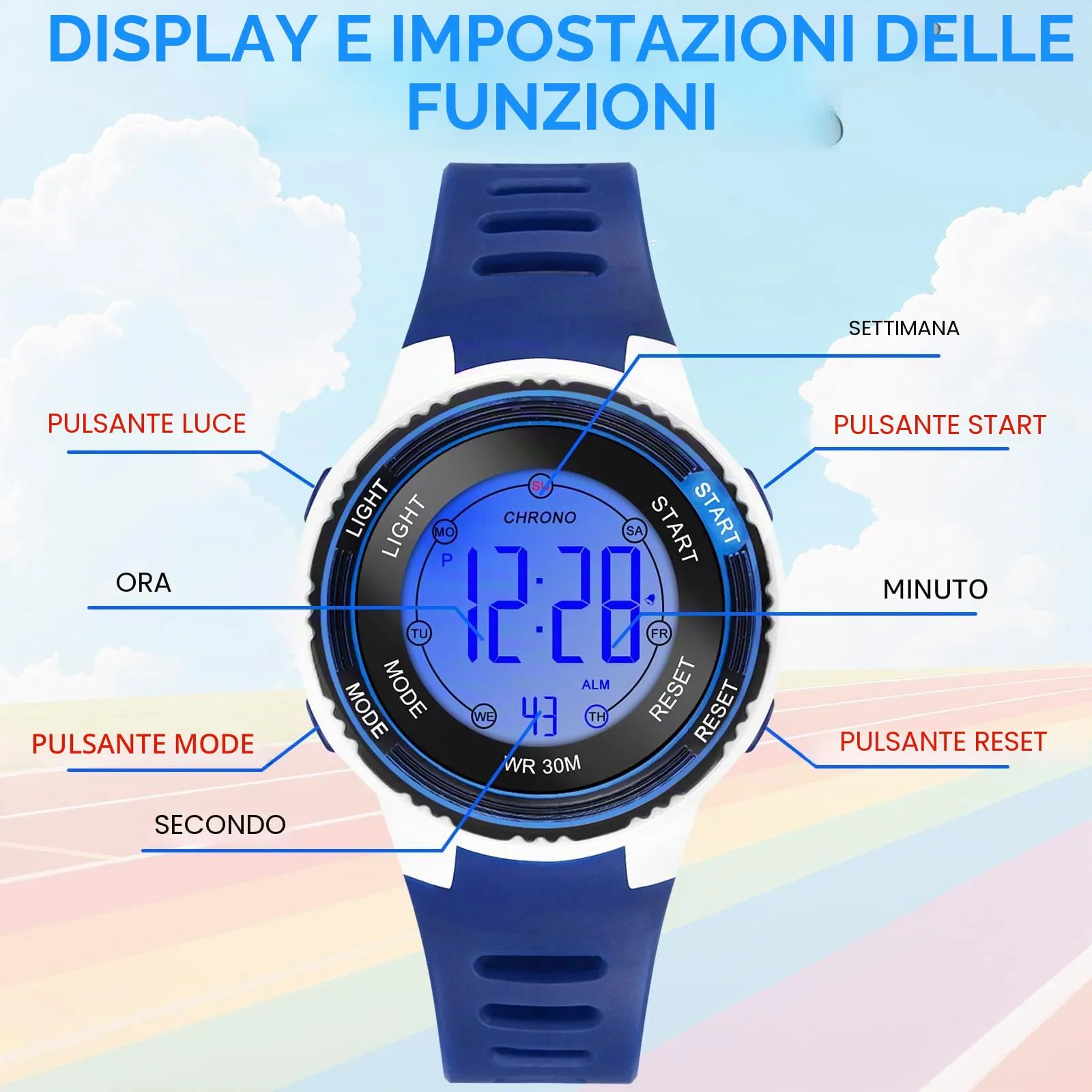 Edillas Orologio Digitale Bambino,7 Colori LED Orologio Sportivo e Multifunzionale da Polso per Ragazzi e Ragazze,Impermeabile 3 ATM,Sveglia/Cronometro/Data (Blu) - immagine 6