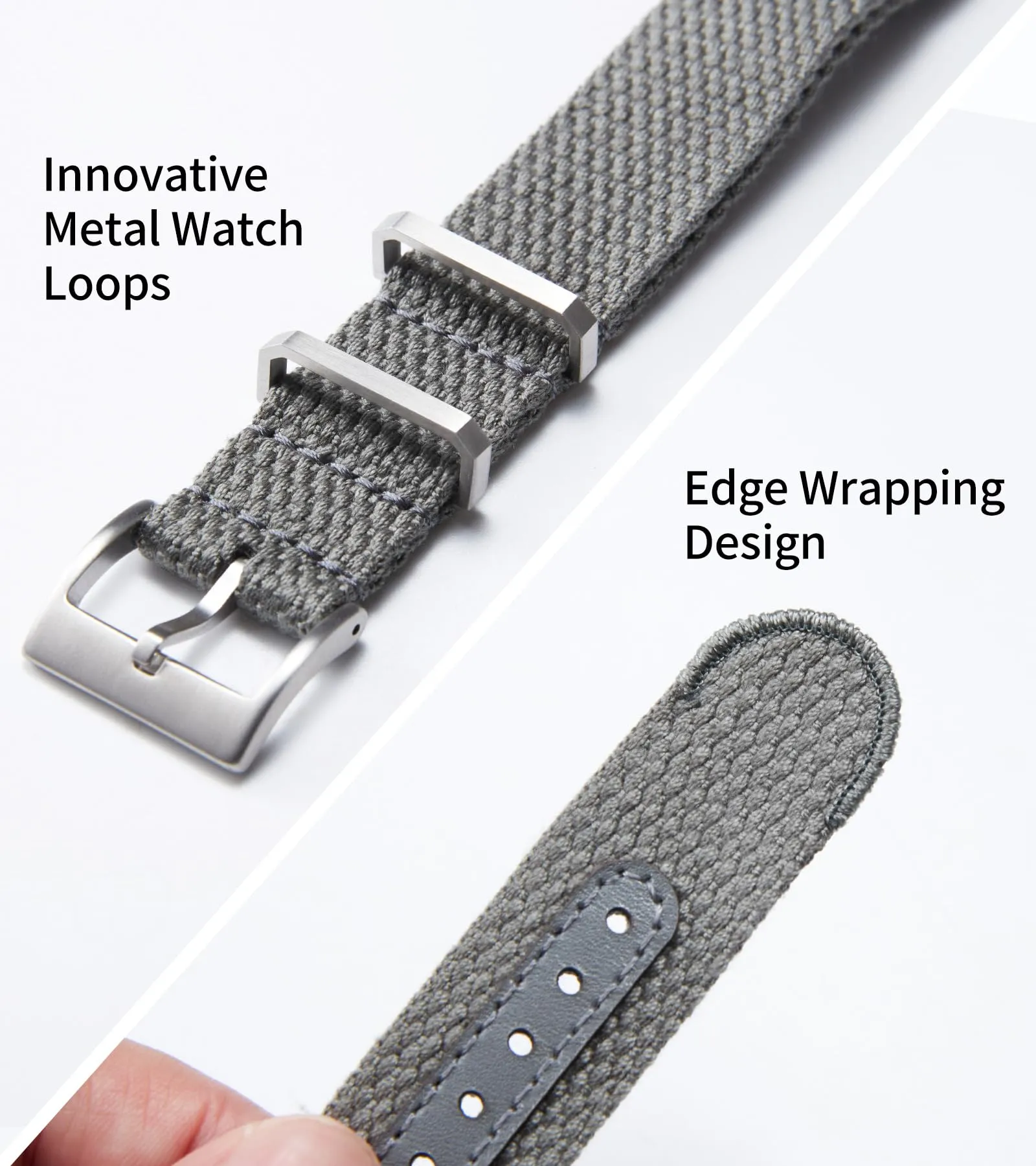 BINLUN Cinturino per Orologio in Nylon 18mm 20mm 22mm 24mm Monoblocco Extra Lungo Canvas Orologio Militare Cotone e Lino Cinturini di Ricambio con Fibbia in Acciaio Inossidabile(20mm,Grigio) - immagine 2