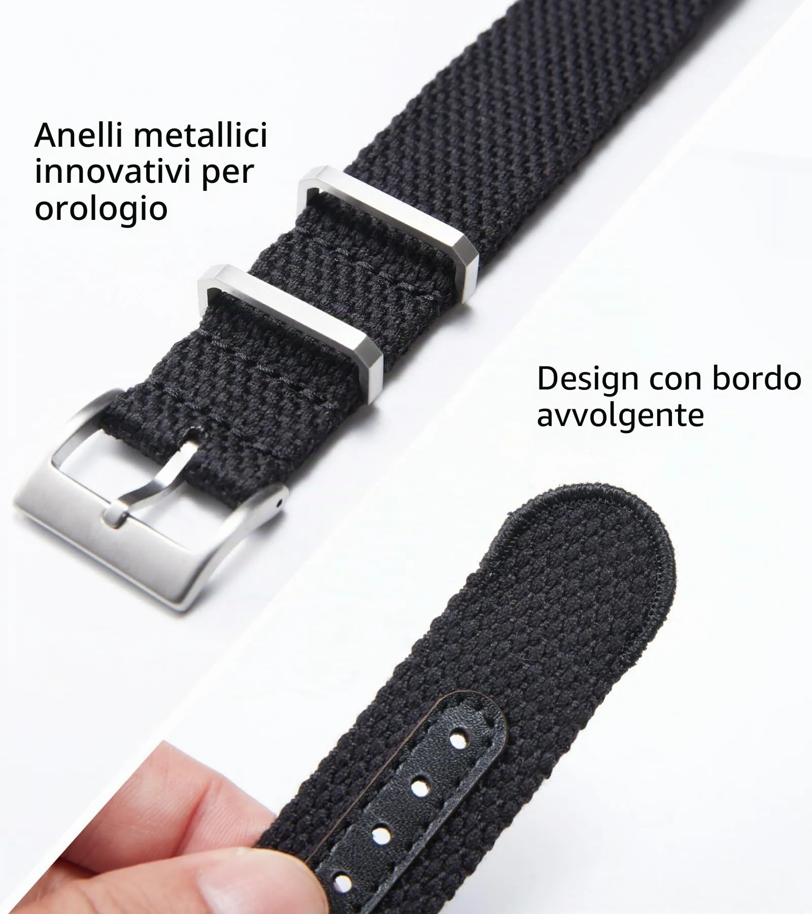 BINLUN Cinturino per Orologio in Nylon 18mm 20mm 22mm 24mm Monoblocco Extra Lungo Canvas Orologio Militare Cotone e Lino Cinturini di Ricambio con Fibbia in Acciaio Inossidabile(18mm,Nero) - immagine 2