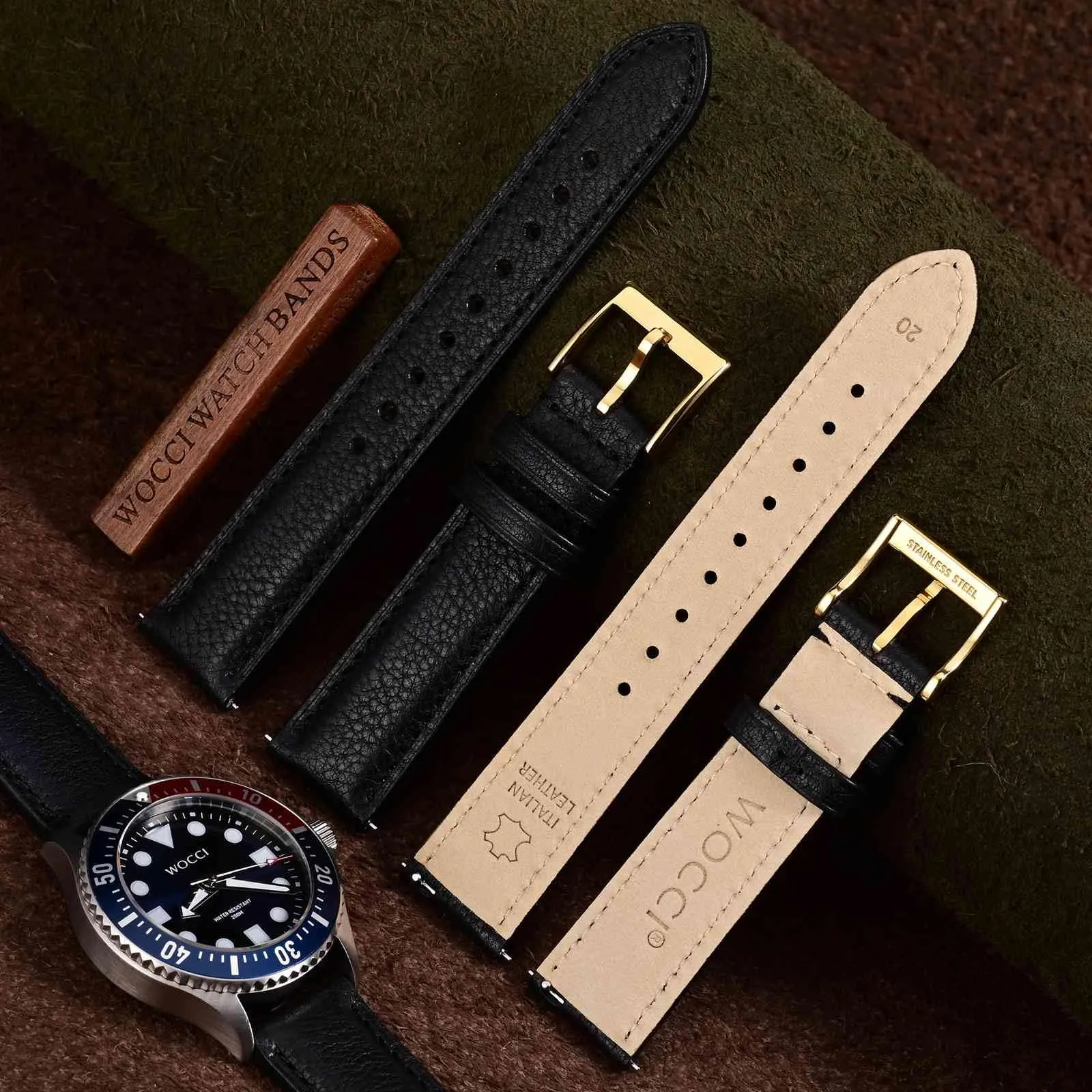 WOCCI 20mm Cinturino Orologio in Pelle, Fibbia Oro (Nero) - immagine 2