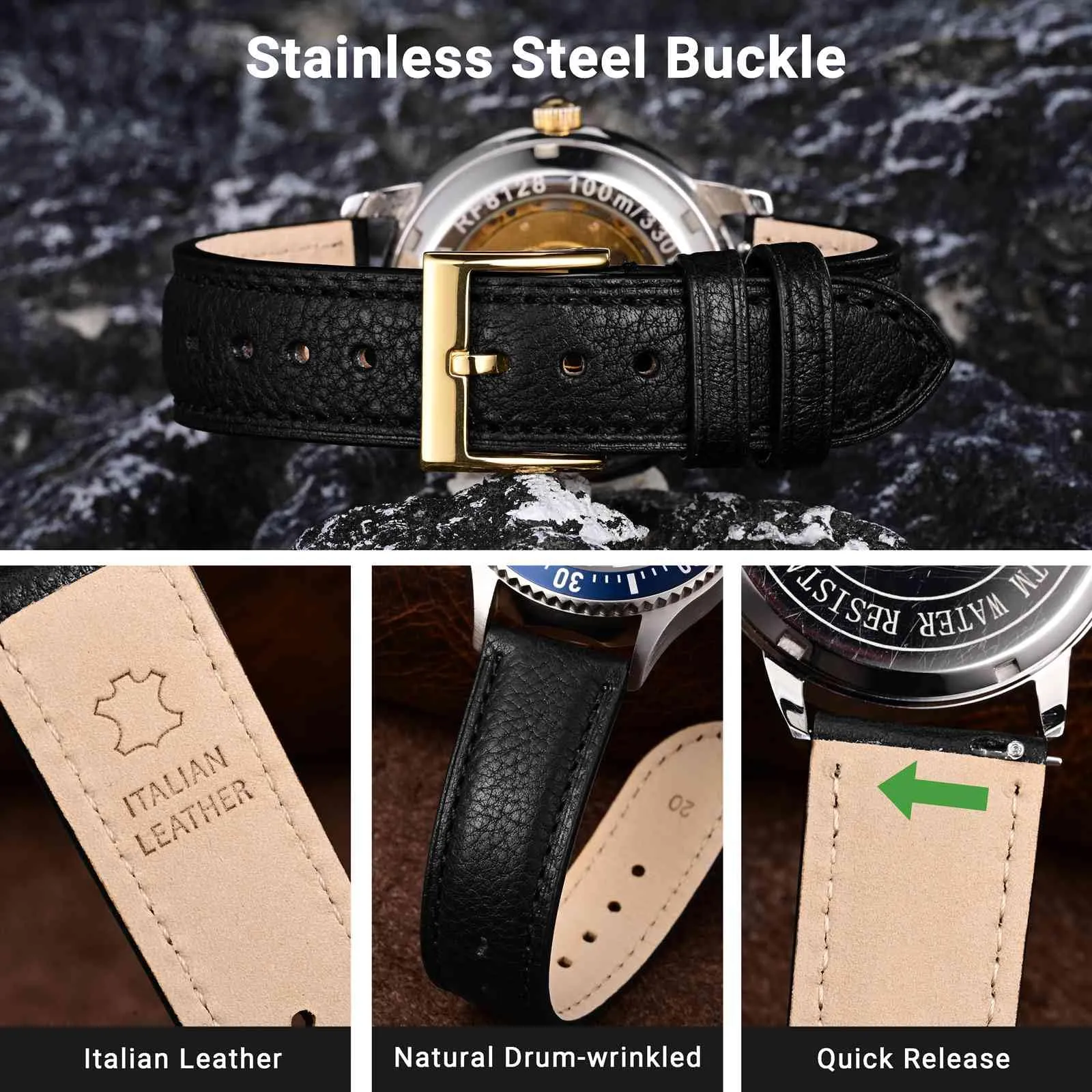 WOCCI 20mm Cinturino Orologio in Pelle, Fibbia Oro (Nero) - immagine 3