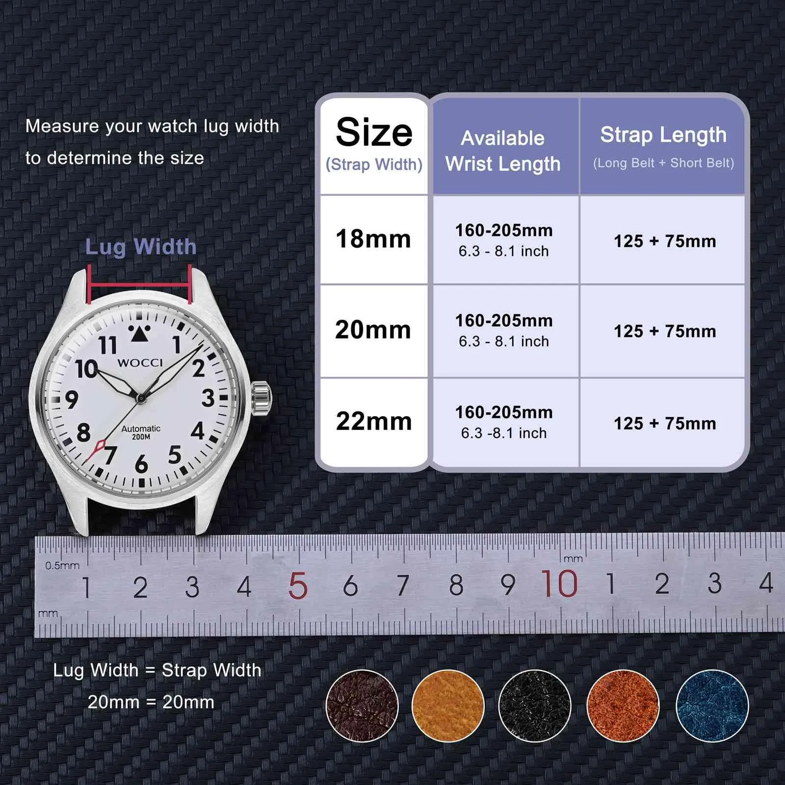 WOCCI 18mm Cinturino Orologio in Pelle, Fibbia Argento (Marrone Scuro) - immagine 4