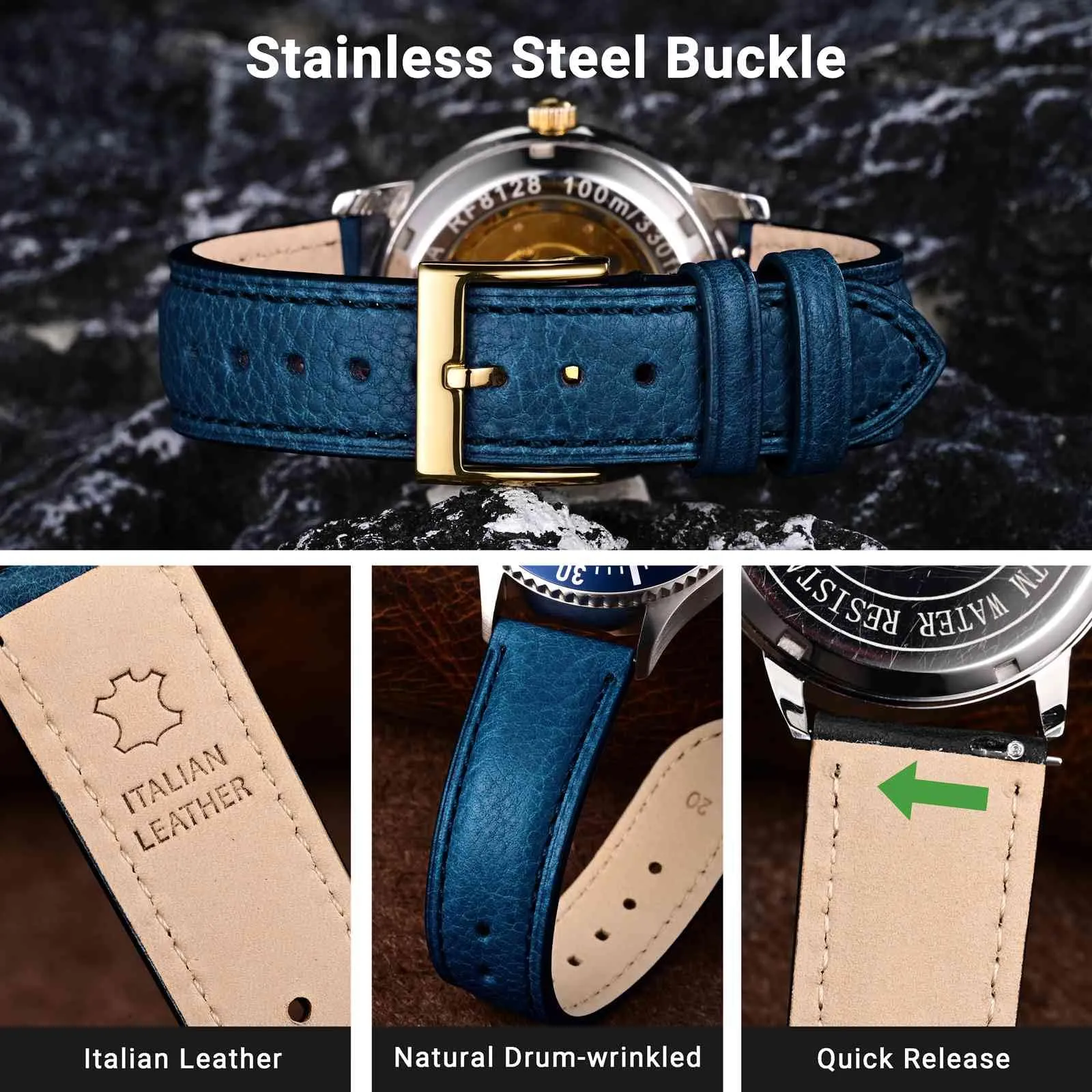 WOCCI 18mm Cinturino Orologio in Pelle, Fibbia Oro (Blu Navy) - immagine 3