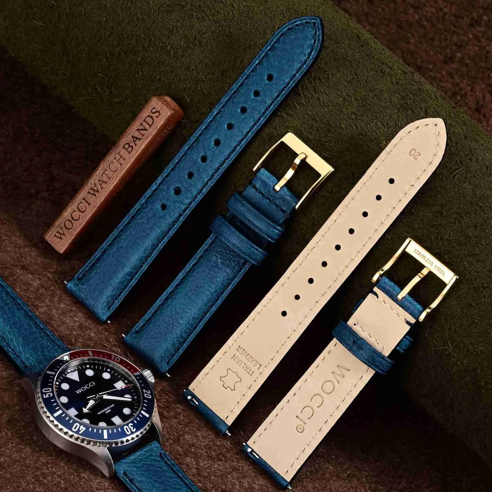 WOCCI 20mm Cinturino Orologio in Pelle, Fibbia Oro (Blu Navy) - immagine 2