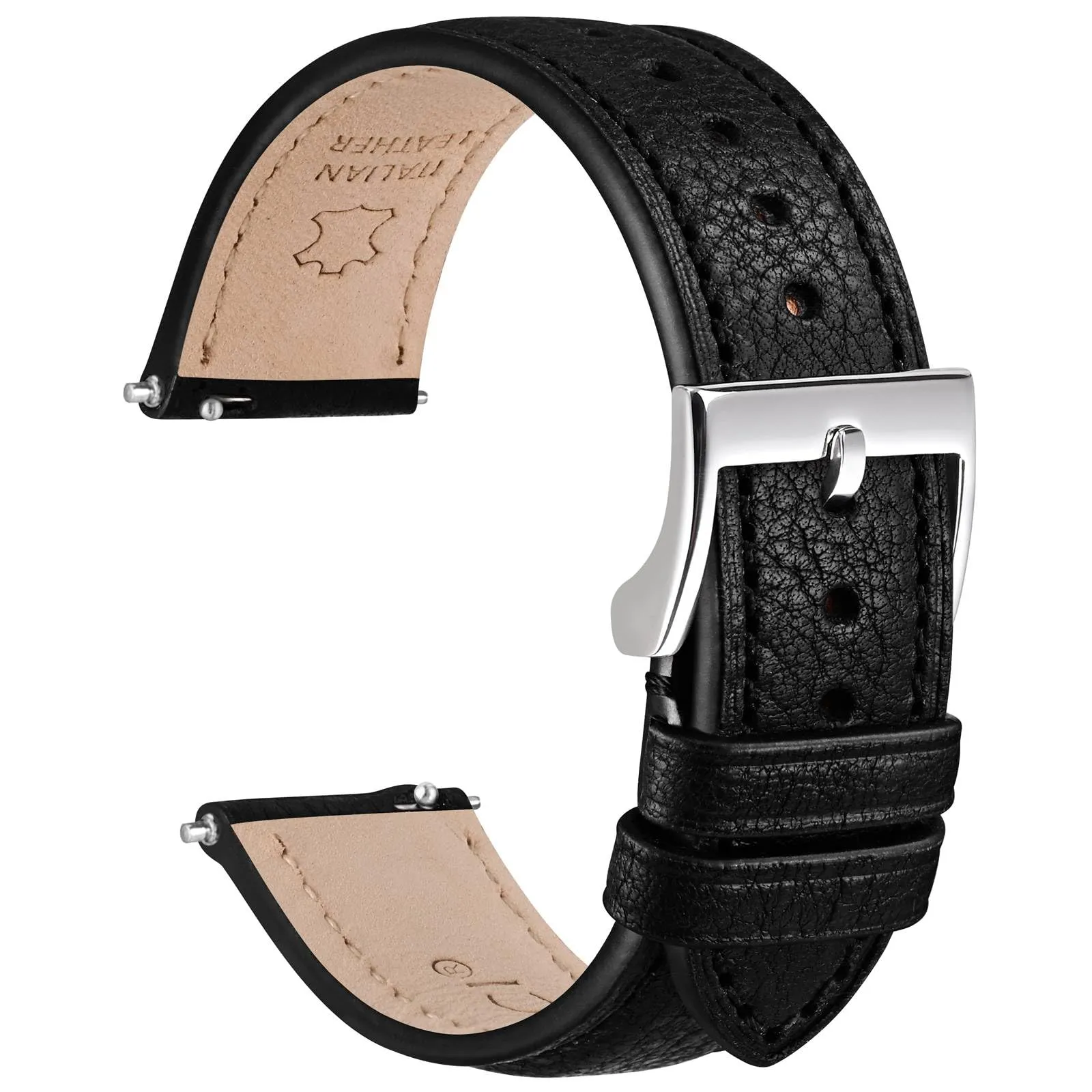 WOCCI 18mm Cinturino Orologio in Pelle, Fibbia Argento (Nero) - immagine 1