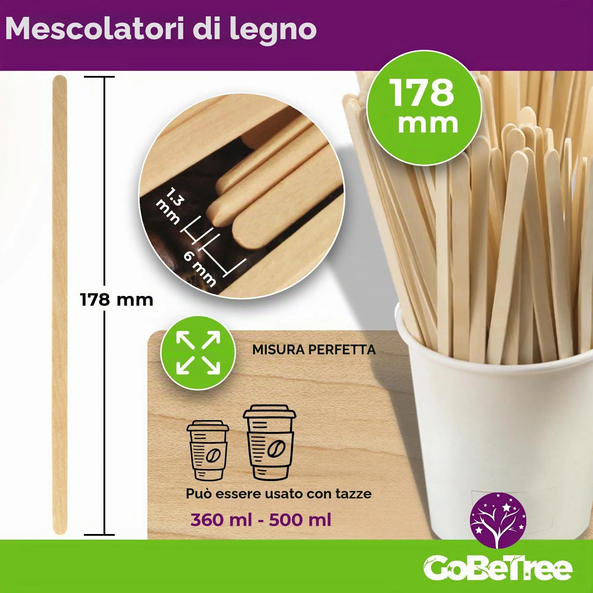 GoBeTree 1000 Palette Caffè Monouso in Legno 17,8 cm Sfuse, Palettine Caffè - immagine 2