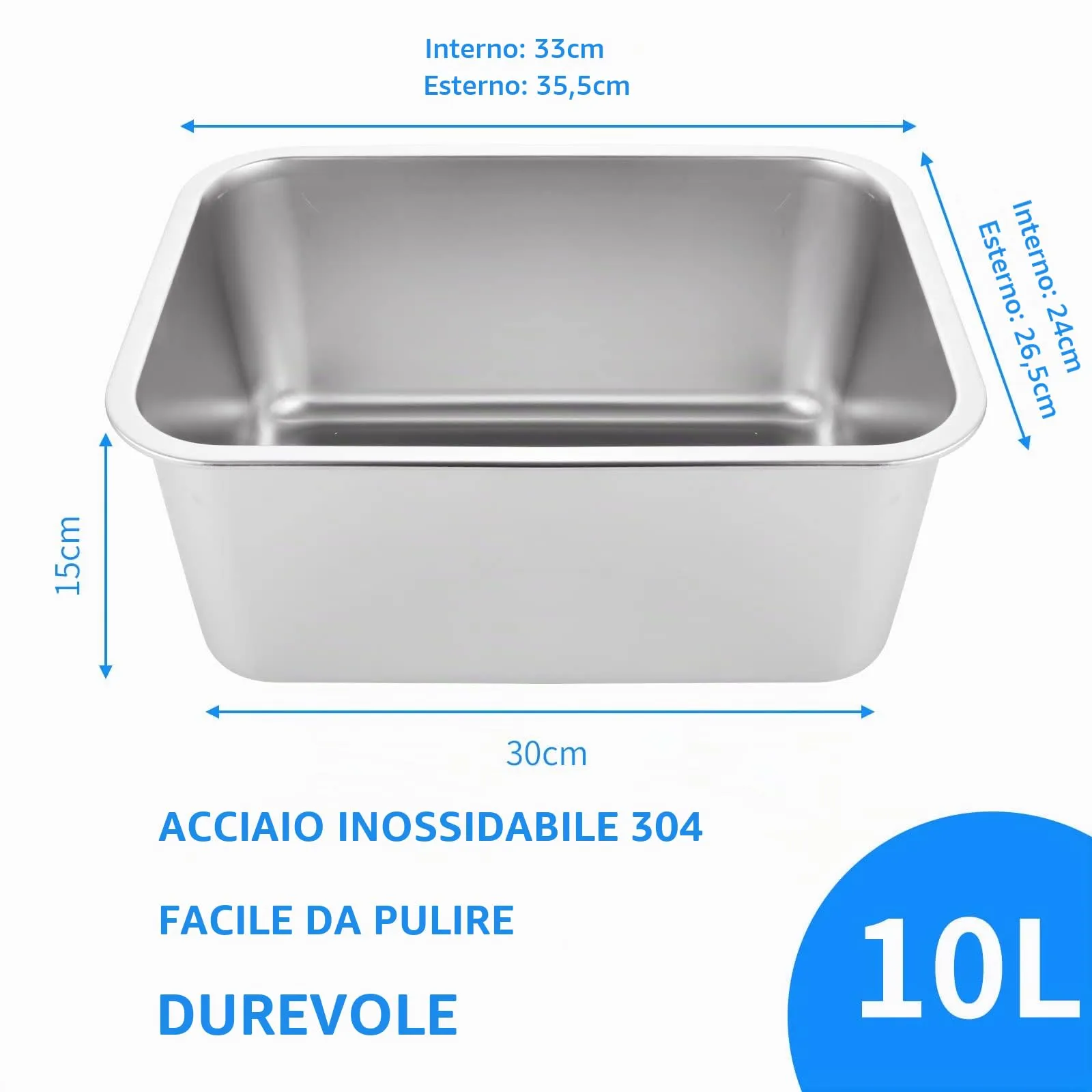 ASelected Vasca da bagno, in acciaio inox 304, grande rettangolare da 10 litri, vasca, ciotola per miscelazione, senza plastica, 33 x 24 x 15 cm - immagine 2