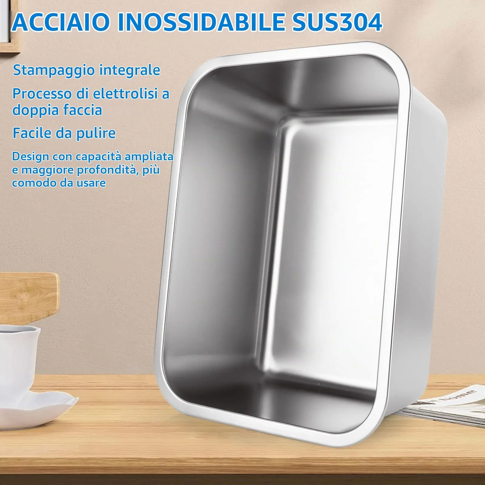 ASelected Vasca da bagno, in acciaio inox 304, grande rettangolare da 10 litri, vasca, ciotola per miscelazione, senza plastica, 33 x 24 x 15 cm - immagine 4