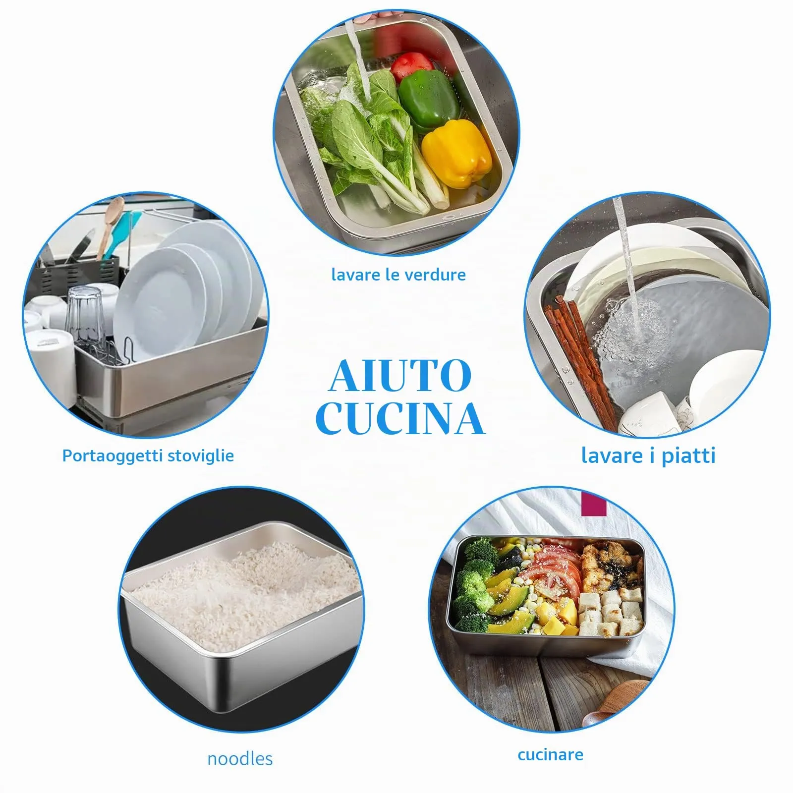 ASelected Vasca da bagno, in acciaio inox 304, grande rettangolare da 10 litri, vasca, ciotola per miscelazione, senza plastica, 33 x 24 x 15 cm - immagine 7