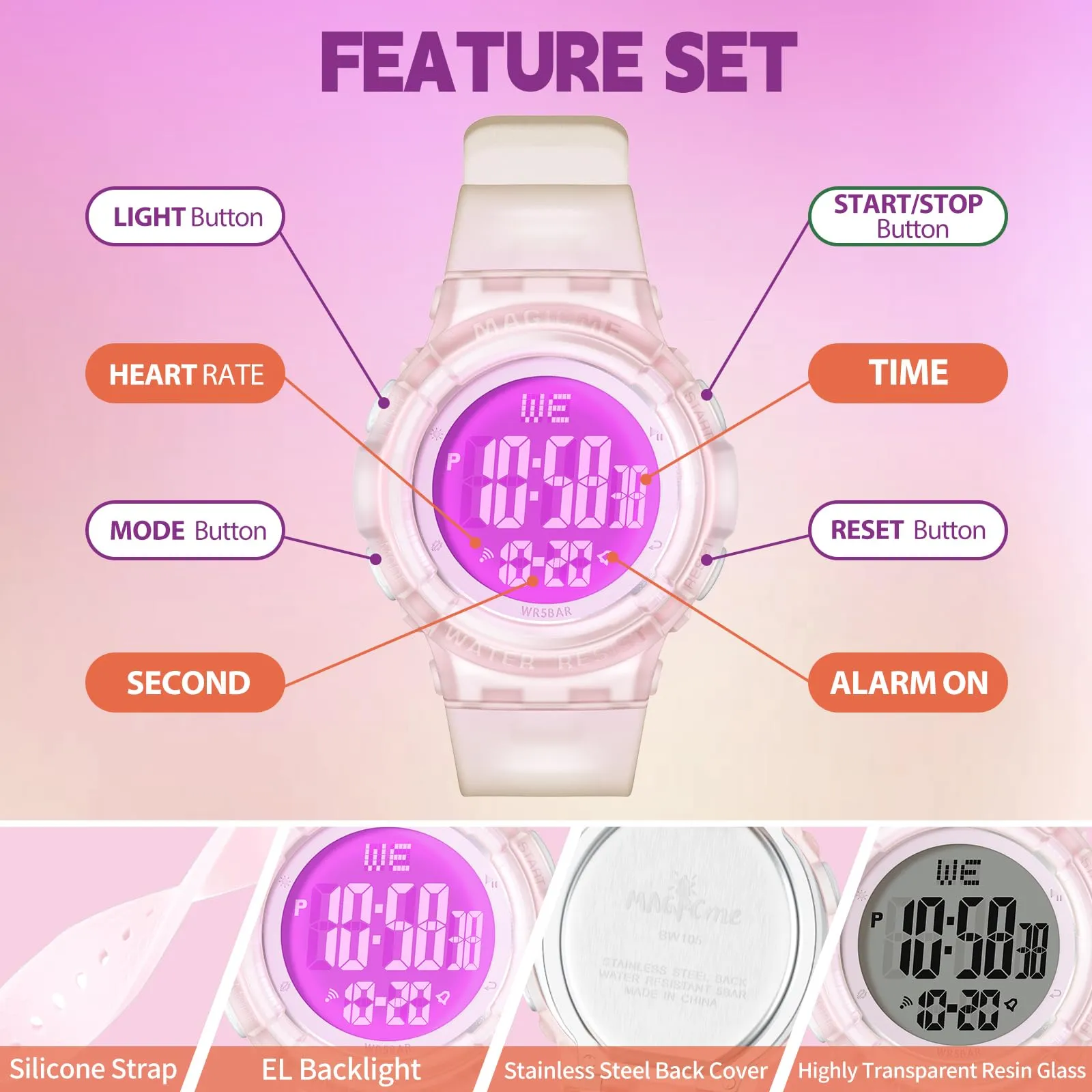 Bigmeda Orologio Bambini Digitale Impermeabile 50 M, da Polso per Ragazzi con Luce LED, Insegnamento con Cinturino in Silicone (Trasparente Rosa) - immagine 3