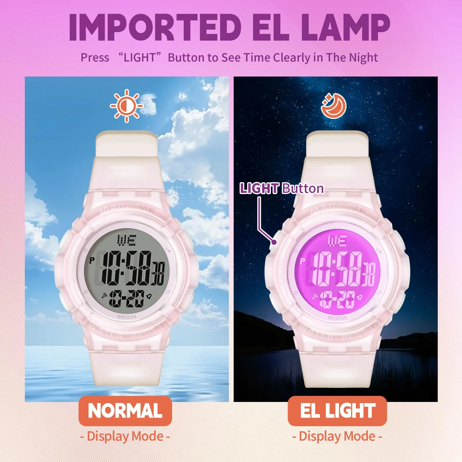 Bigmeda Orologio Bambini Digitale Impermeabile 50 M, da Polso per Ragazzi con Luce LED, Insegnamento con Cinturino in Silicone (Trasparente Rosa) - immagine 5