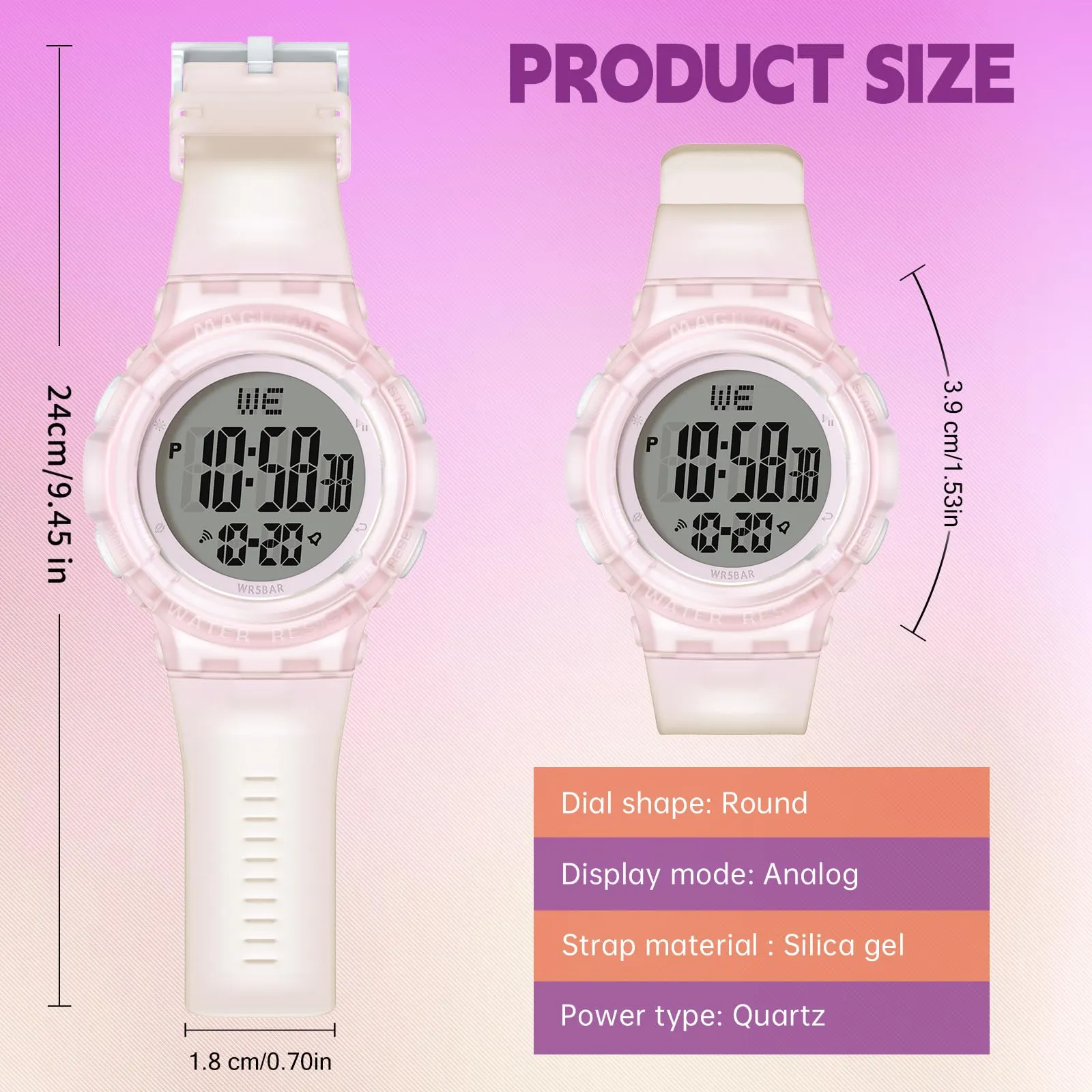 Bigmeda Orologio Bambini Digitale Impermeabile 50 M, da Polso per Ragazzi con Luce LED, Insegnamento con Cinturino in Silicone (Trasparente Rosa) - immagine 6