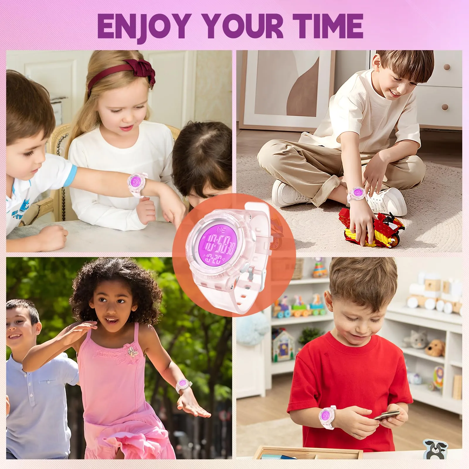 Bigmeda Orologio Bambini Digitale Impermeabile 50 M, da Polso per Ragazzi con Luce LED, Insegnamento con Cinturino in Silicone (Trasparente Rosa) - immagine 7