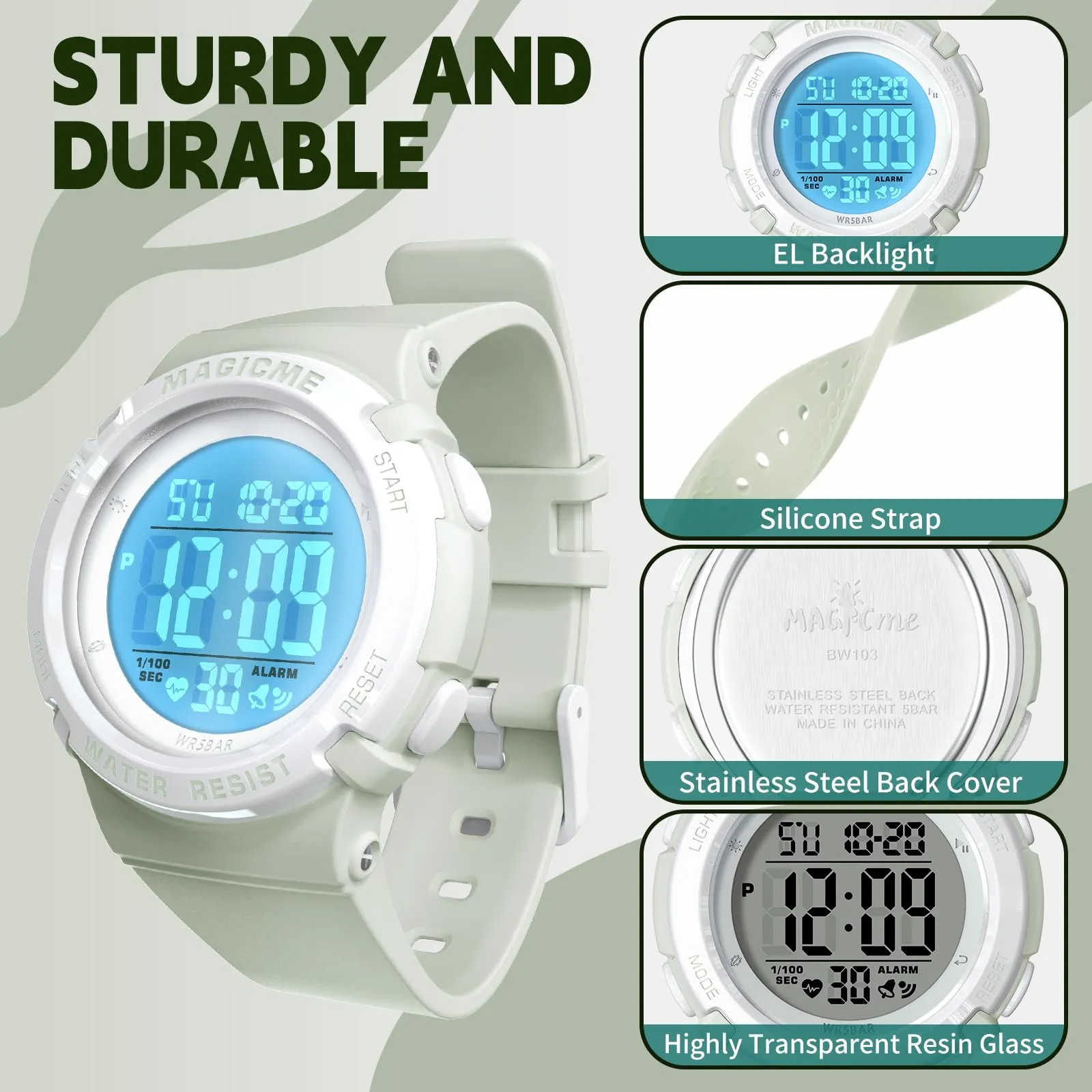 Bigmeda Orologio Bambini Digitale Impermeabile 50 M, da Polso per Ragazzi con Luce LED, Insegnamento con Cinturino in Silicone (Morandi Verde Chiaro) - immagine 2