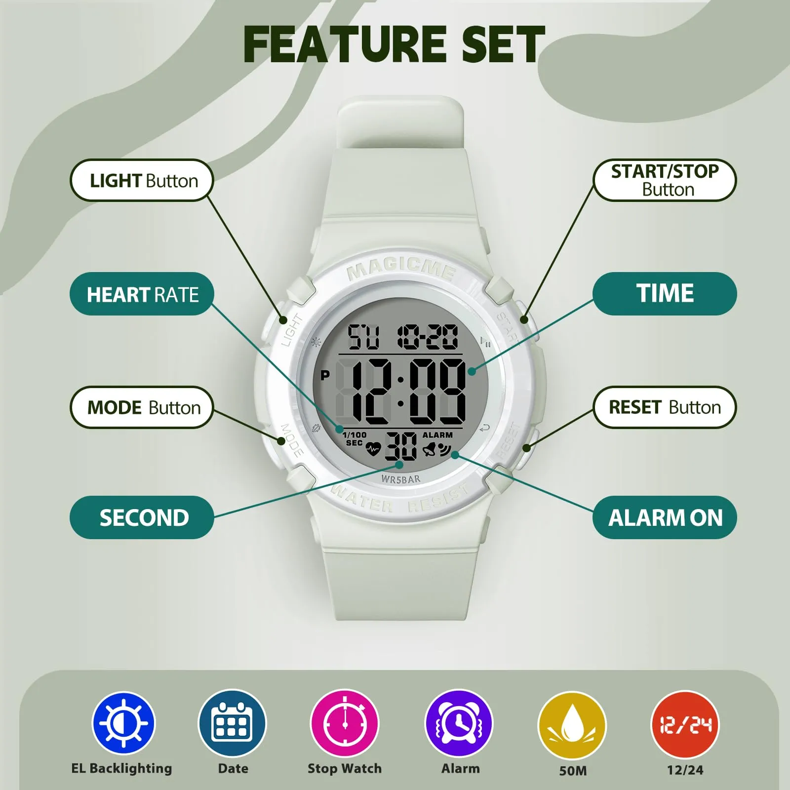 Bigmeda Orologio Bambini Digitale Impermeabile 50 M, da Polso per Ragazzi con Luce LED, Insegnamento con Cinturino in Silicone (Morandi Verde Chiaro) - immagine 3