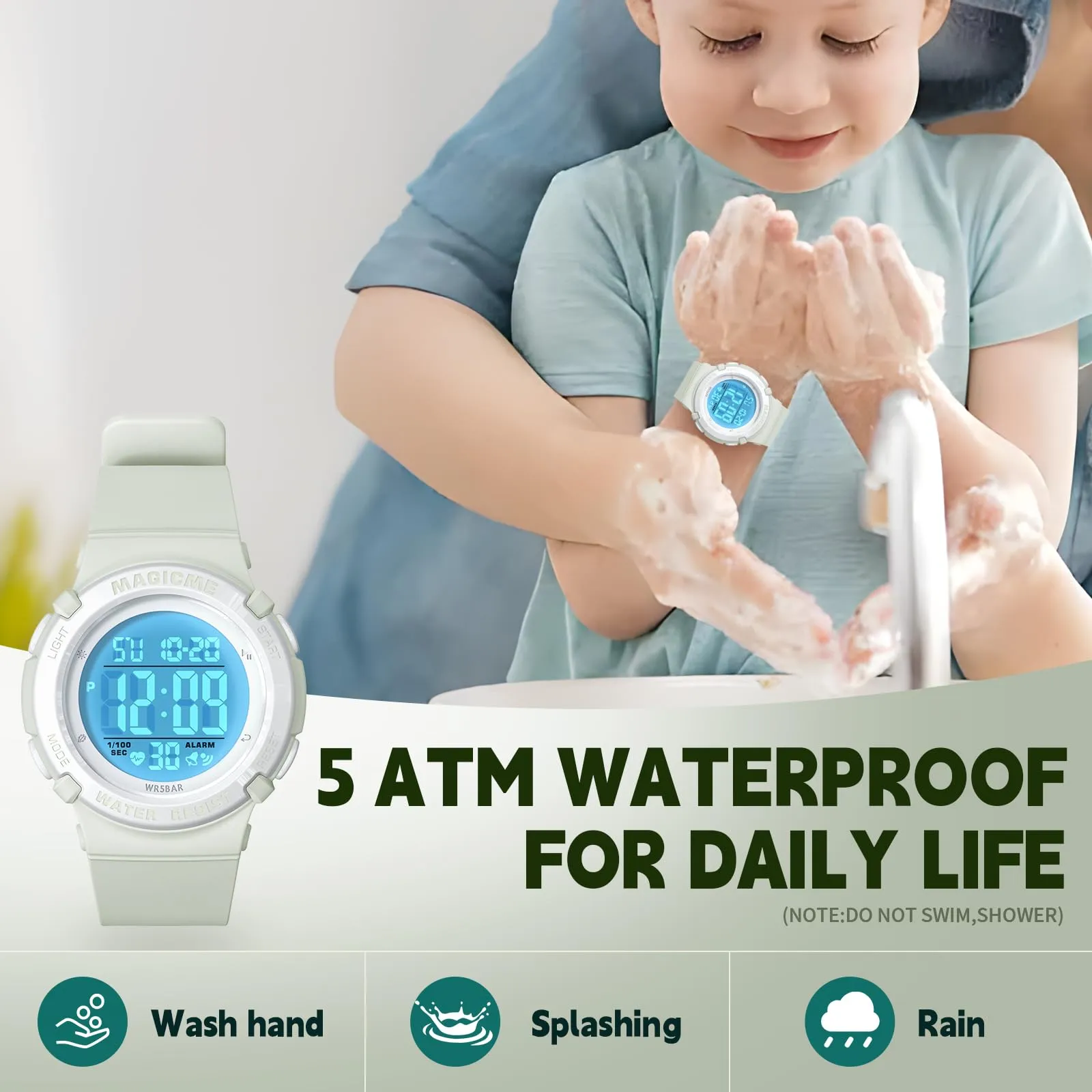 Bigmeda Orologio Bambini Digitale Impermeabile 50 M, da Polso per Ragazzi con Luce LED, Insegnamento con Cinturino in Silicone (Morandi Verde Chiaro) - immagine 4