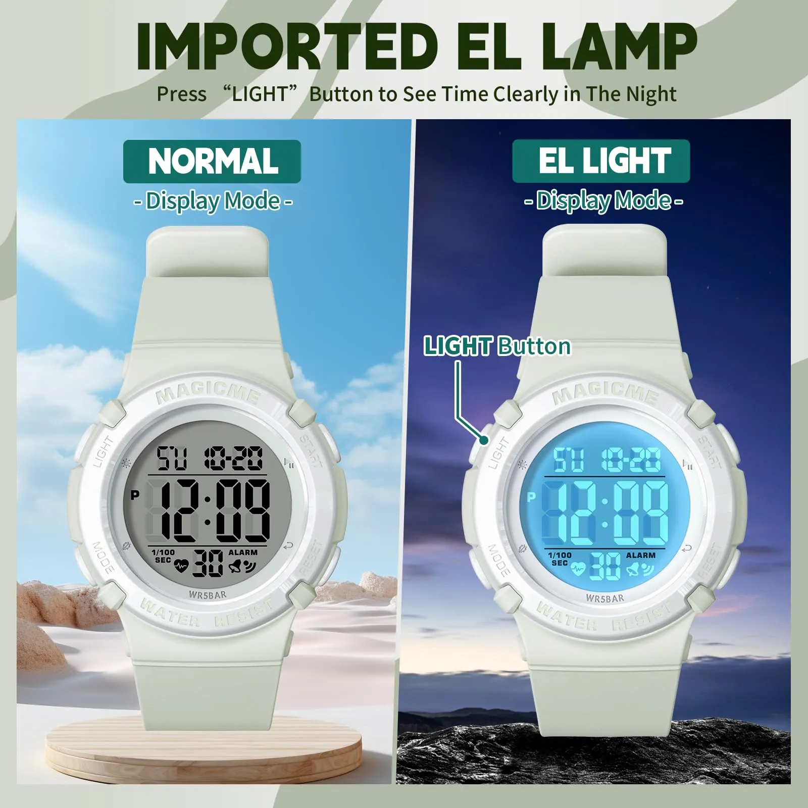 Bigmeda Orologio Bambini Digitale Impermeabile 50 M, da Polso per Ragazzi con Luce LED, Insegnamento con Cinturino in Silicone (Morandi Verde Chiaro) - immagine 5