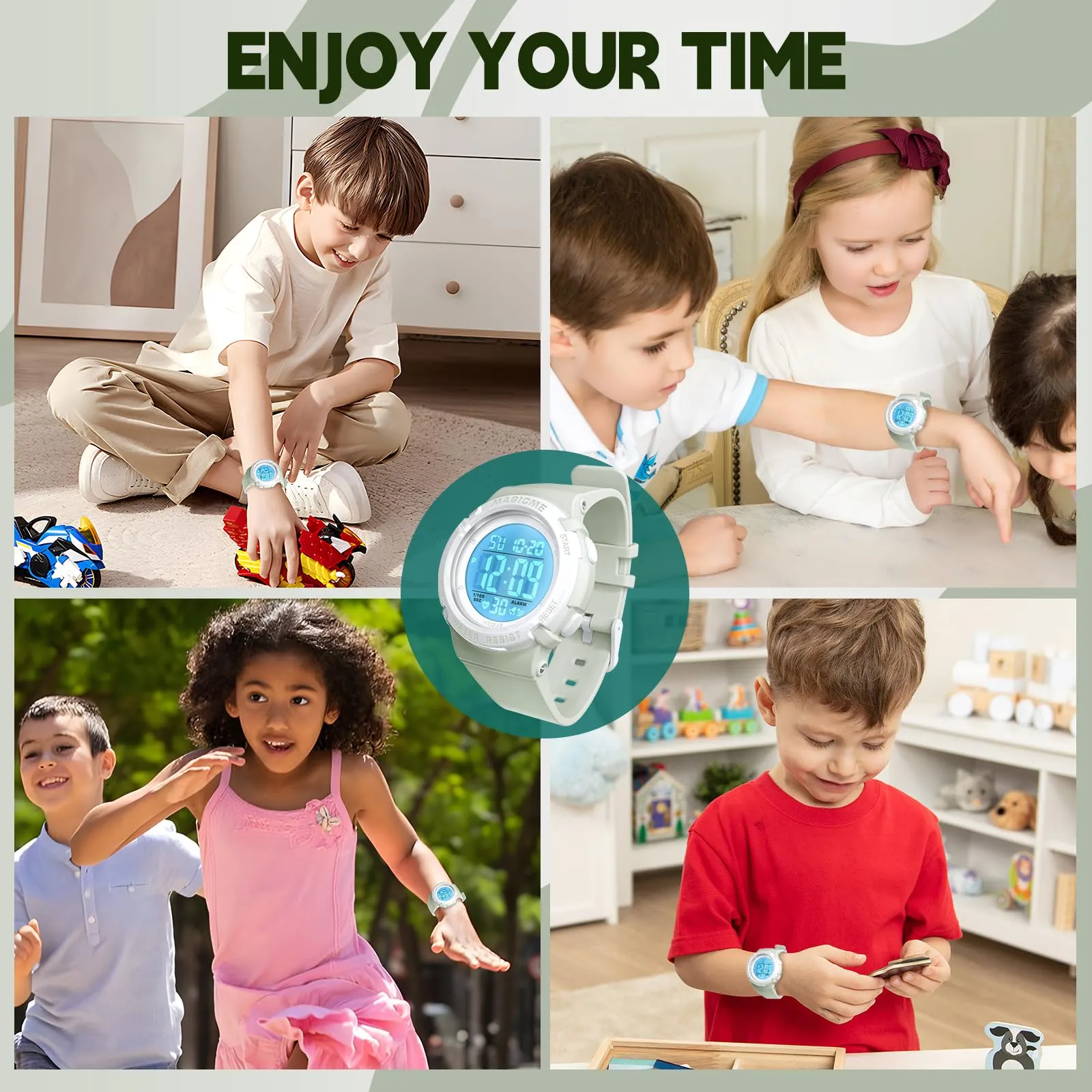Bigmeda Orologio Bambini Digitale Impermeabile 50 M, da Polso per Ragazzi con Luce LED, Insegnamento con Cinturino in Silicone (Morandi Verde Chiaro) - immagine 7