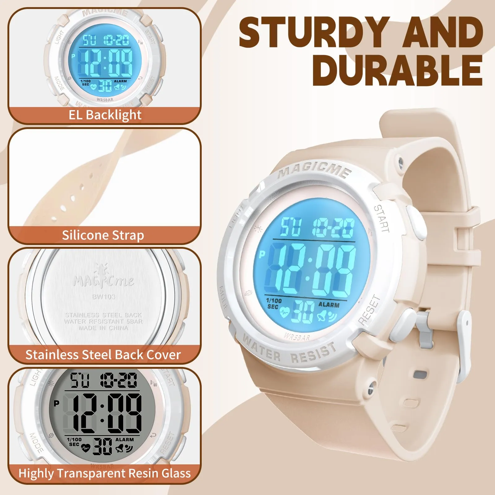 Bigmeda Orologio Bambini Digitale Impermeabile 50 M, da Polso per Ragazzi con Luce LED, Insegnamento con Cinturino in Silicone (Morandi Colore) - immagine 2