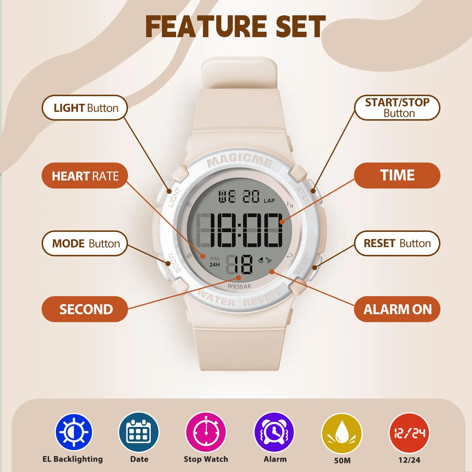 Bigmeda Orologio Bambini Digitale Impermeabile 50 M, da Polso per Ragazzi con Luce LED, Insegnamento con Cinturino in Silicone (Morandi Colore) - immagine 3