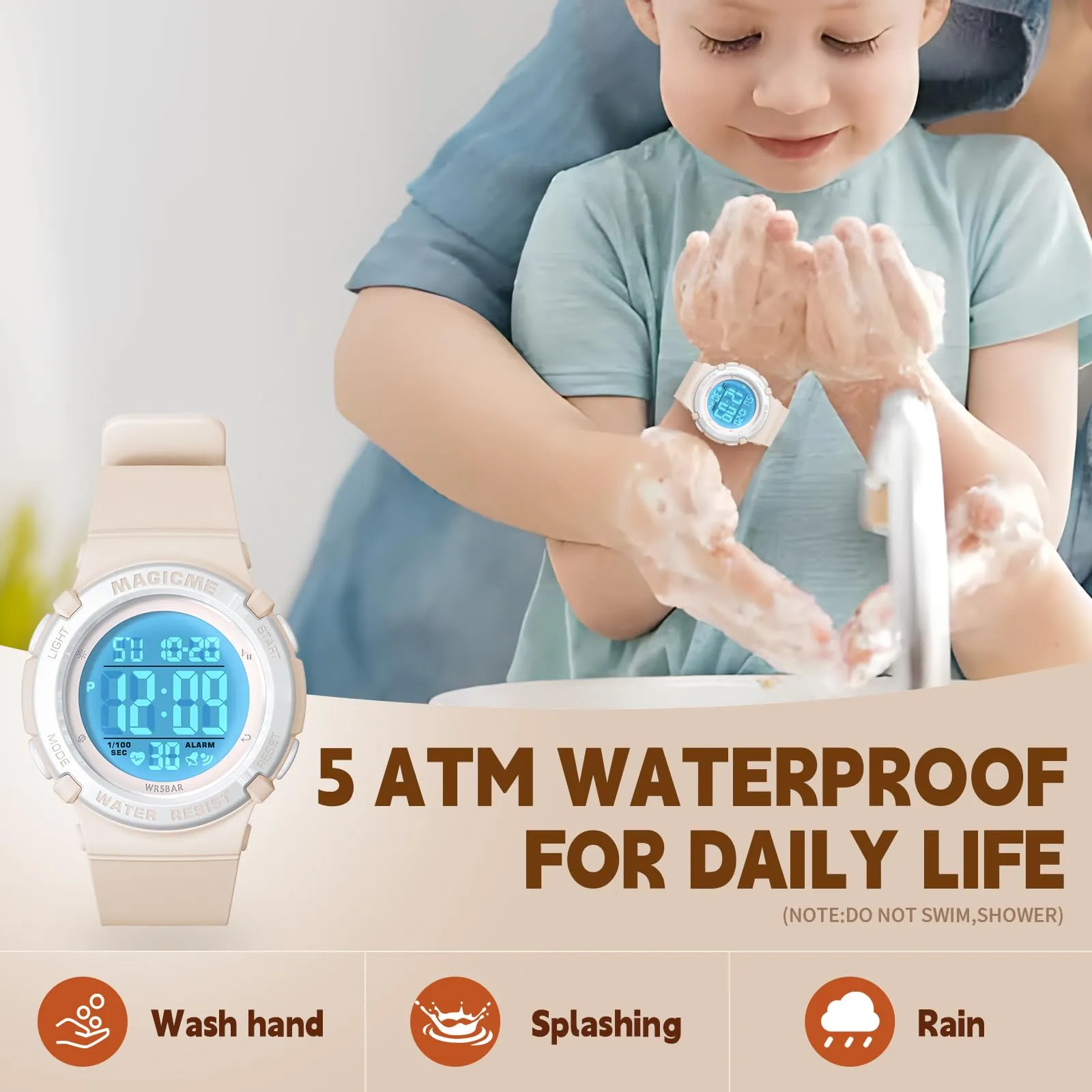 Bigmeda Orologio Bambini Digitale Impermeabile 50 M, da Polso per Ragazzi con Luce LED, Insegnamento con Cinturino in Silicone (Morandi Colore) - immagine 4