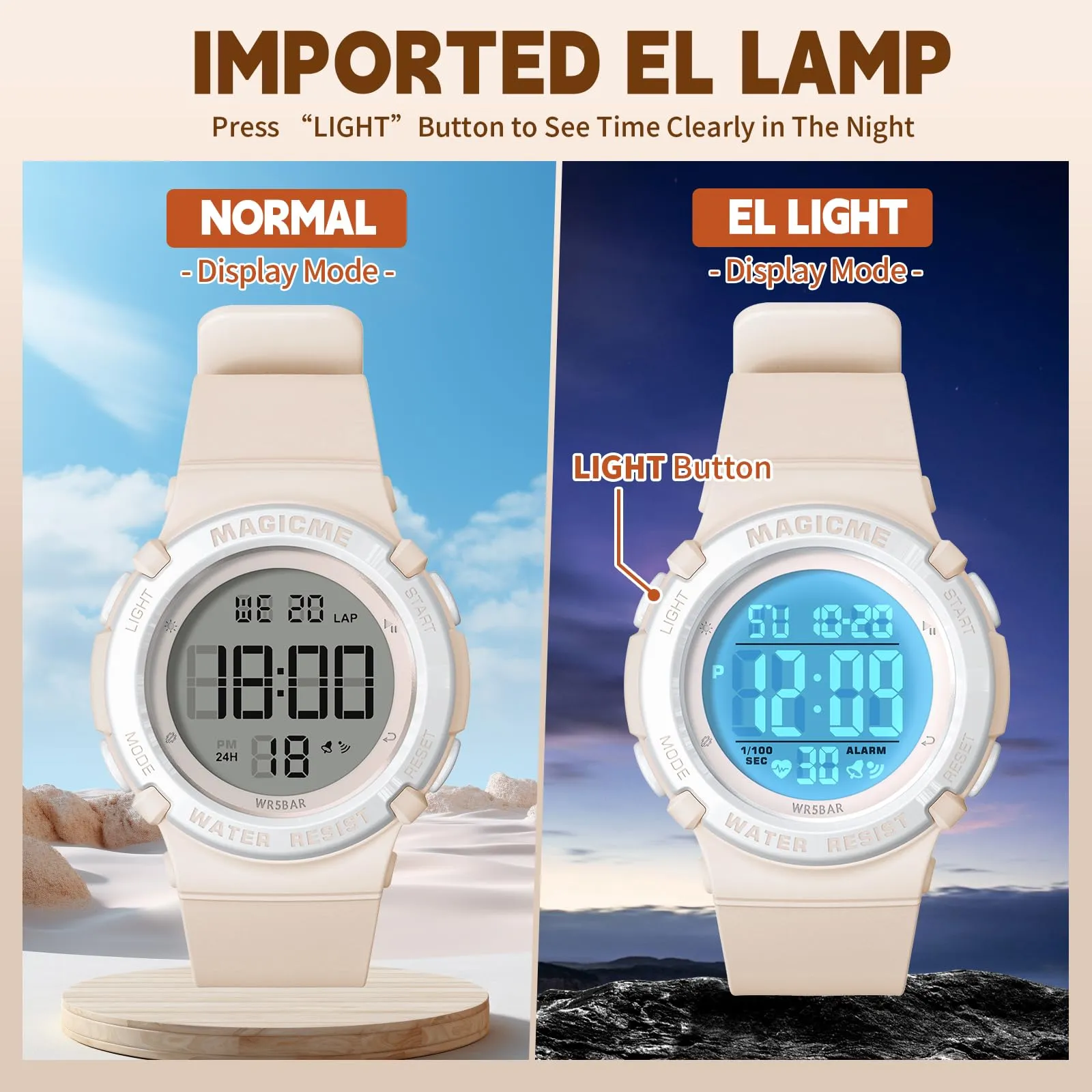 Bigmeda Orologio Bambini Digitale Impermeabile 50 M, da Polso per Ragazzi con Luce LED, Insegnamento con Cinturino in Silicone (Morandi Colore) - immagine 5