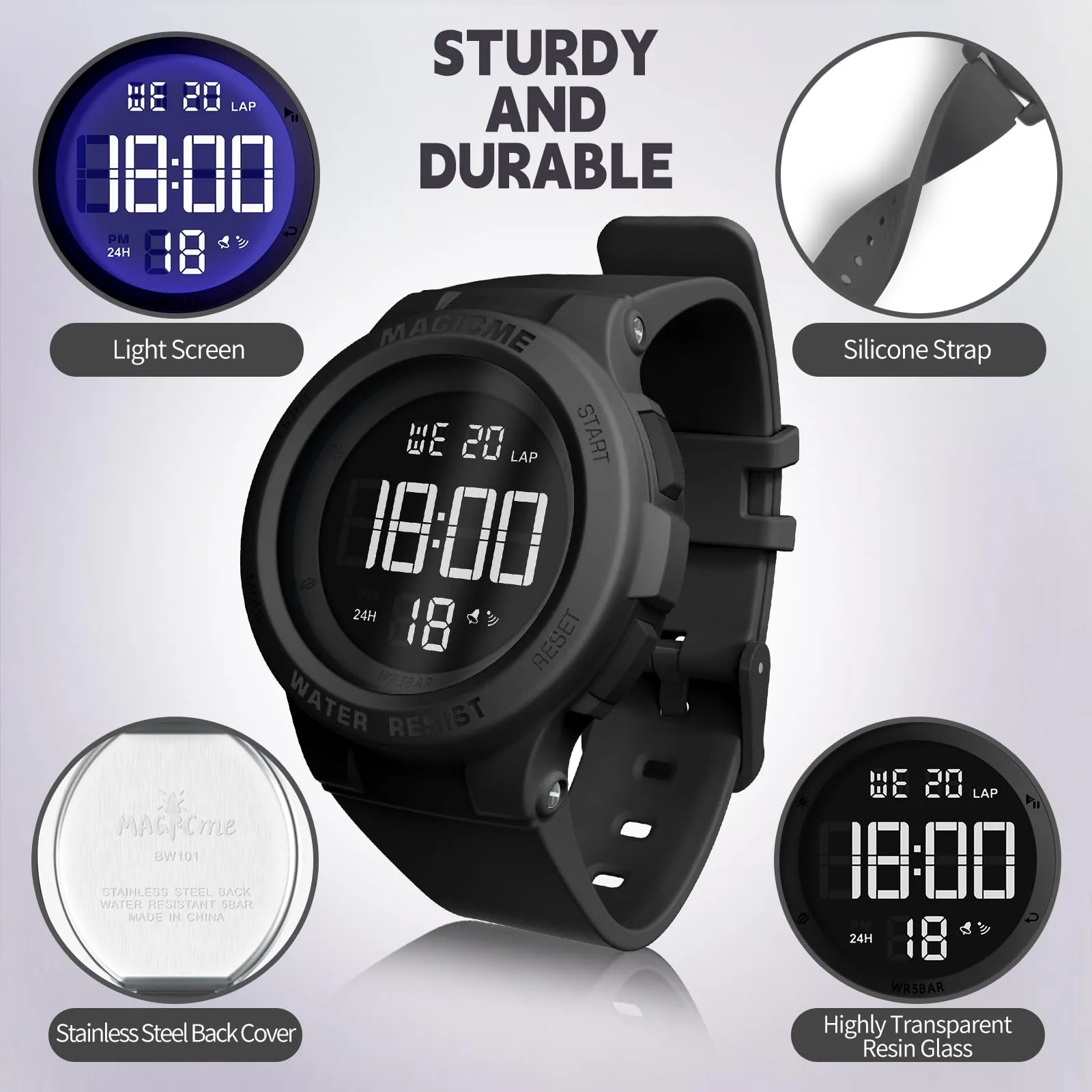 Bigmeda Orologio Bambini Digitale Impermeabile 50 M, da Polso per Ragazzi con Luce LED, Insegnamento con Cinturino in Silicone (Macaron Nero) - immagine 2