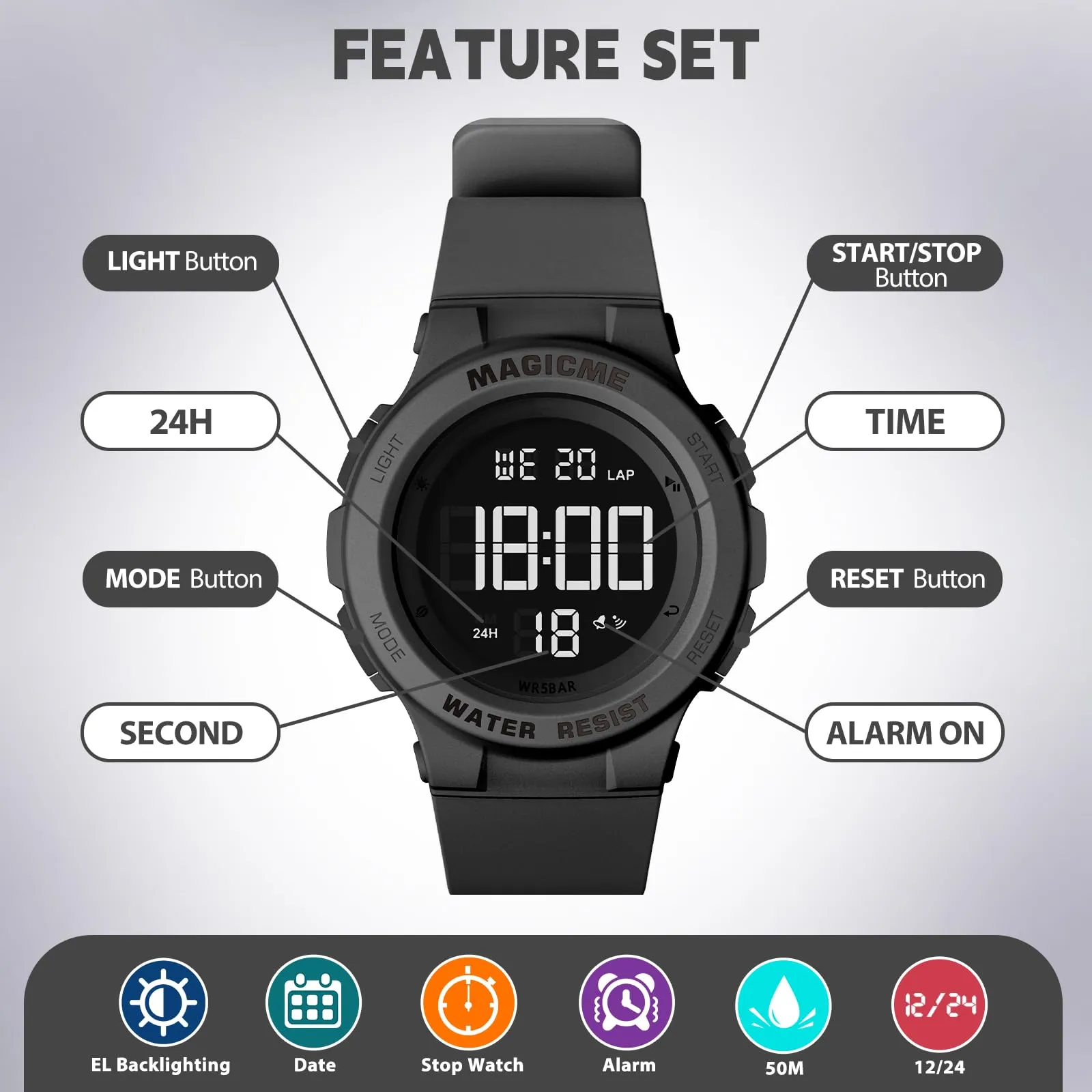 Bigmeda Orologio Bambini Digitale Impermeabile 50 M, da Polso per Ragazzi con Luce LED, Insegnamento con Cinturino in Silicone (Macaron Nero) - immagine 3