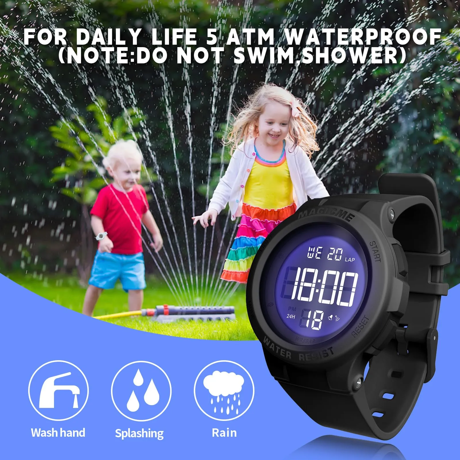 Bigmeda Orologio Bambini Digitale Impermeabile 50 M, da Polso per Ragazzi con Luce LED, Insegnamento con Cinturino in Silicone (Macaron Nero) - immagine 4