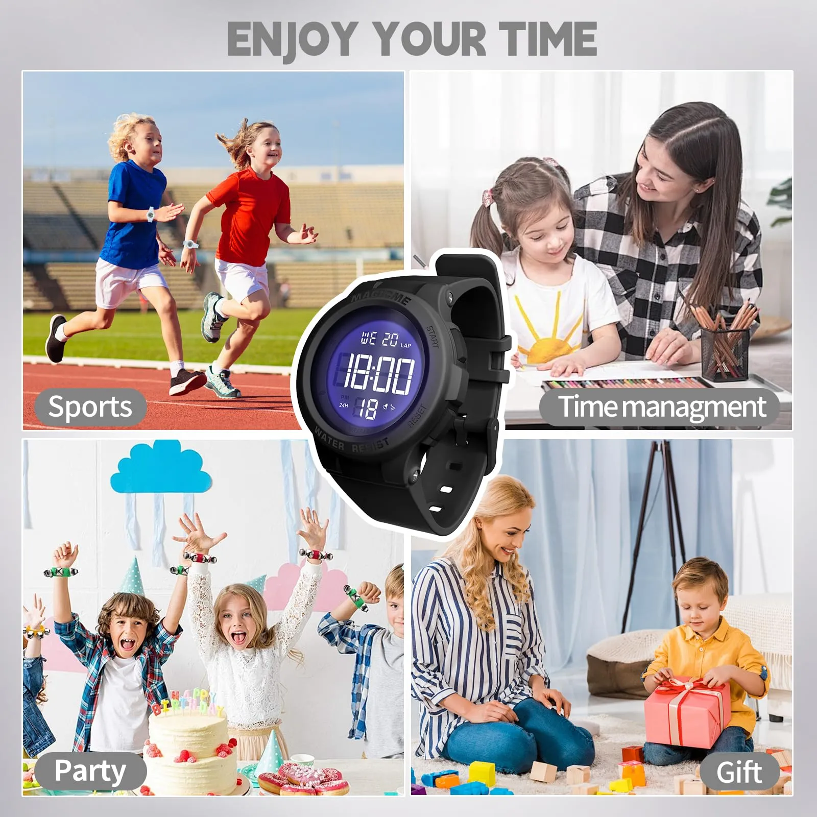 Bigmeda Orologio Bambini Digitale Impermeabile 50 M, da Polso per Ragazzi con Luce LED, Insegnamento con Cinturino in Silicone (Macaron Nero) - immagine 7