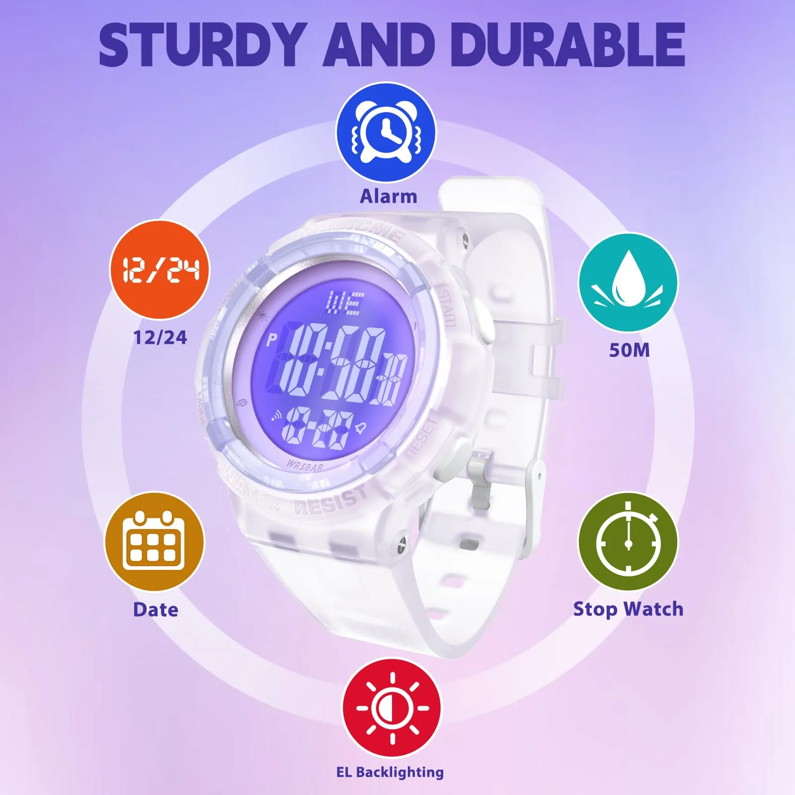 Bigmeda Orologio Bambini, Orologio da Polso per Ragazzi, Orologio Bambino Digitale Impermeabile 50 M, con luce LED, Orologio Insegnamento con Cinturino in Silicone (Trasparente Viola) - immagine 2