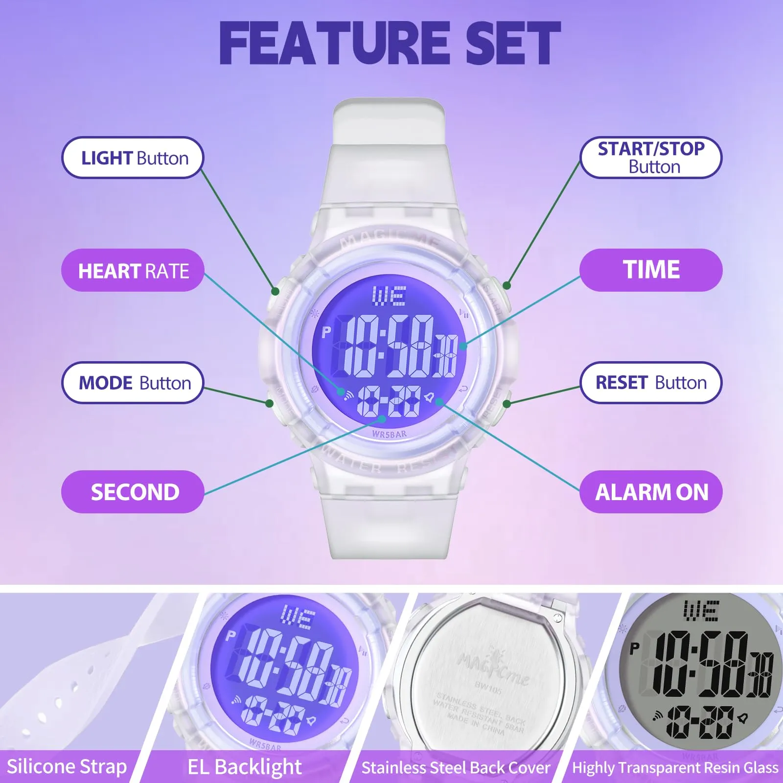 Bigmeda Orologio Bambini, Orologio da Polso per Ragazzi, Orologio Bambino Digitale Impermeabile 50 M, con luce LED, Orologio Insegnamento con Cinturino in Silicone (Trasparente Viola) - immagine 3