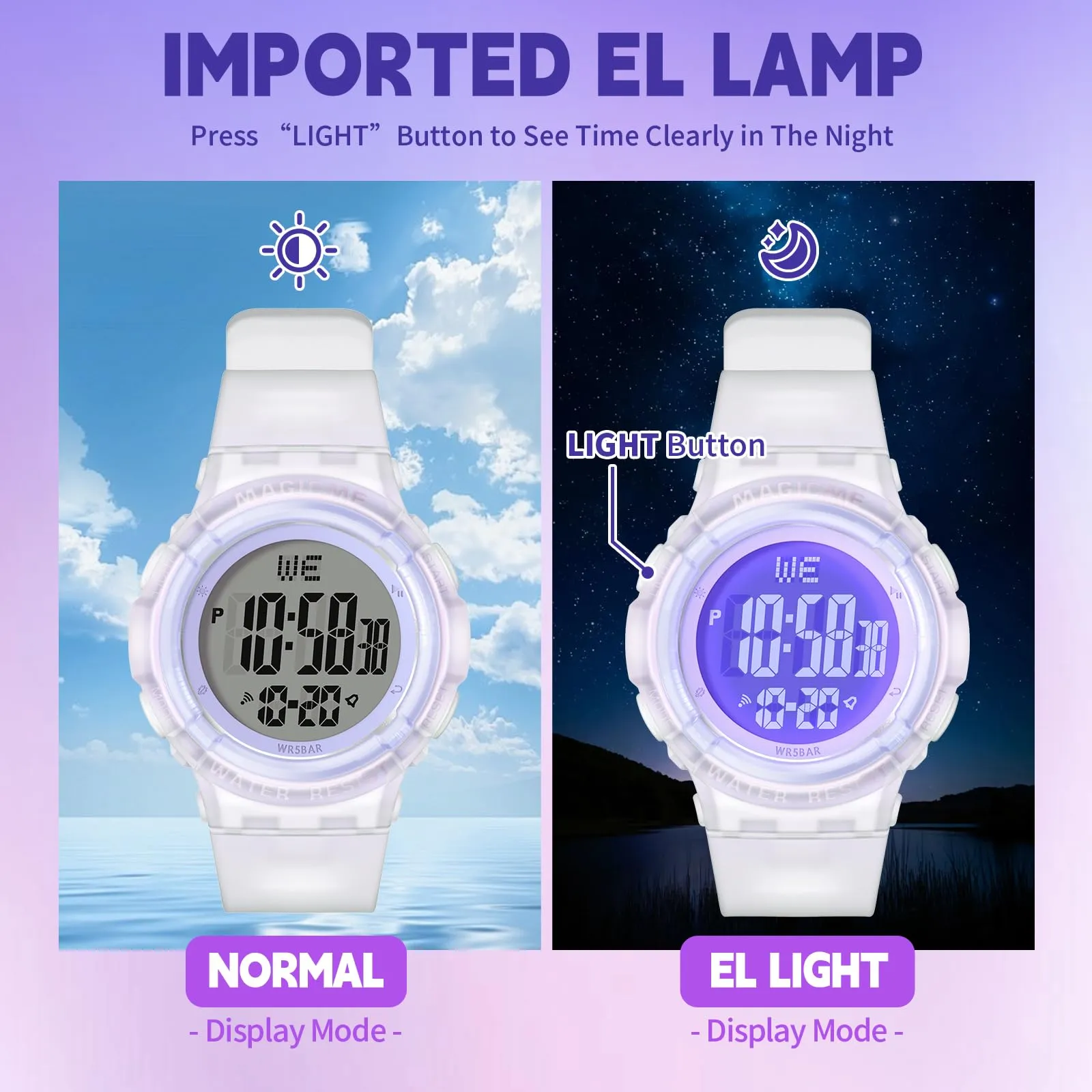 Bigmeda Orologio Bambini, Orologio da Polso per Ragazzi, Orologio Bambino Digitale Impermeabile 50 M, con luce LED, Orologio Insegnamento con Cinturino in Silicone (Trasparente Viola) - immagine 5