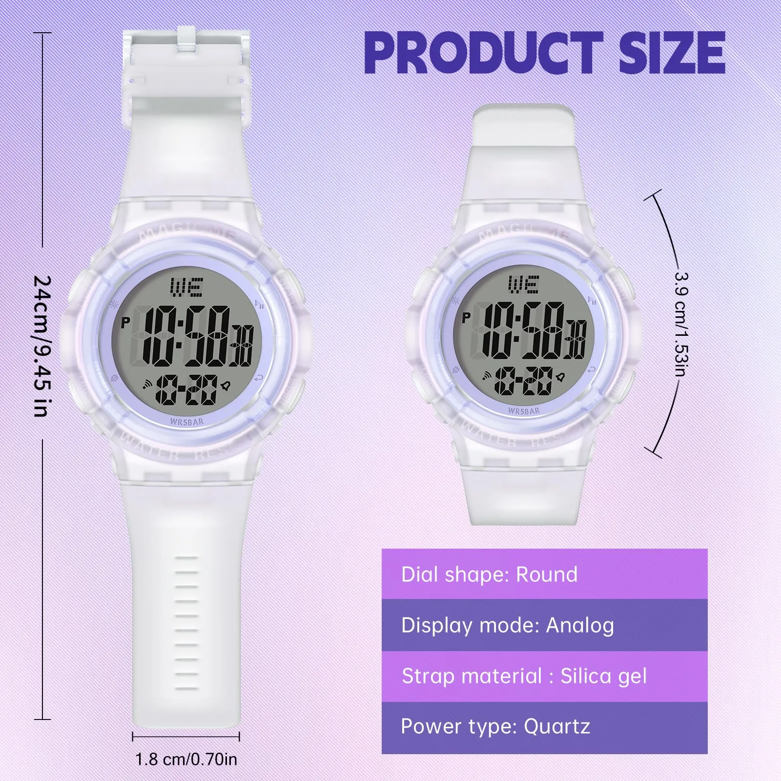 Bigmeda Orologio Bambini, Orologio da Polso per Ragazzi, Orologio Bambino Digitale Impermeabile 50 M, con luce LED, Orologio Insegnamento con Cinturino in Silicone (Trasparente Viola) - immagine 6