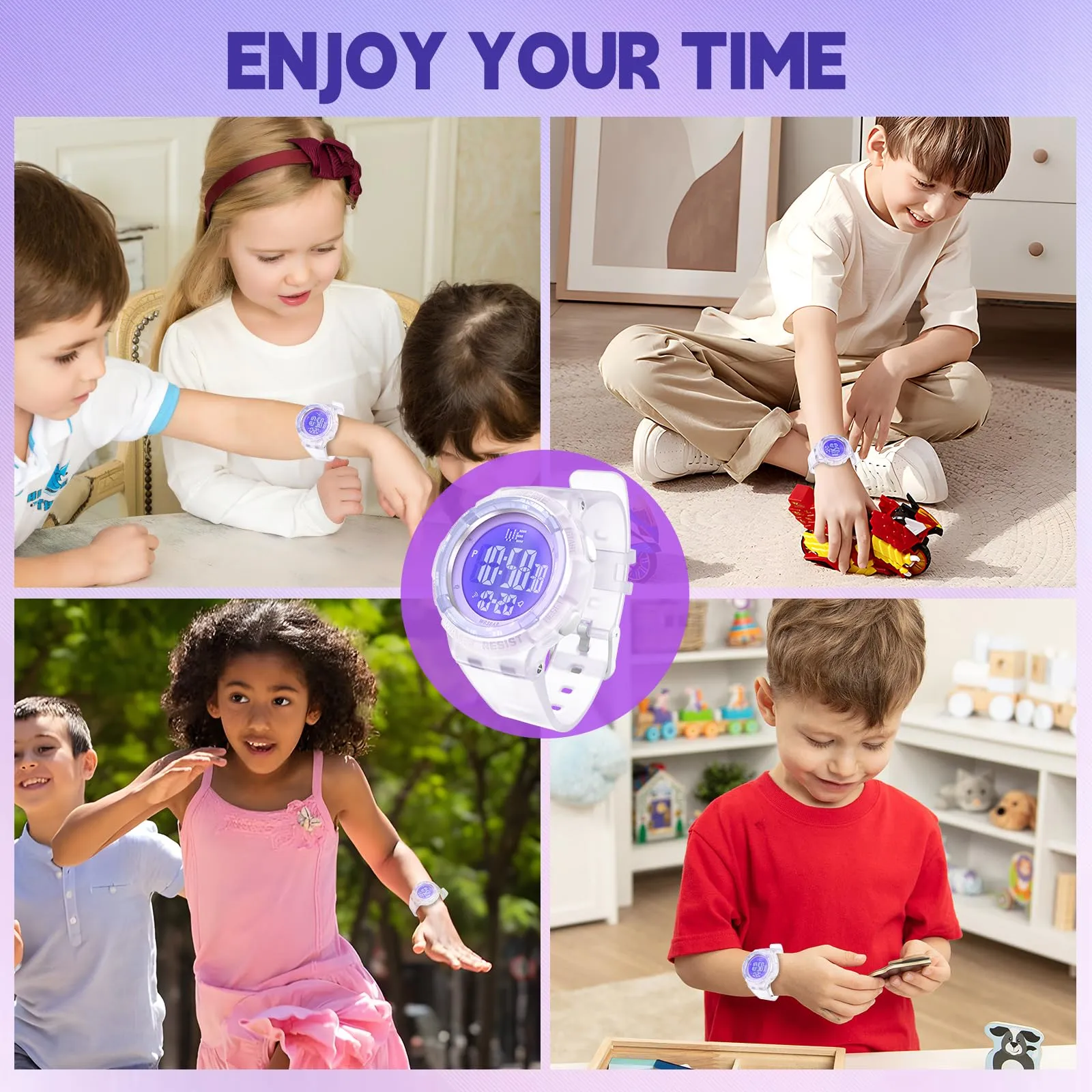 Bigmeda Orologio Bambini, Orologio da Polso per Ragazzi, Orologio Bambino Digitale Impermeabile 50 M, con luce LED, Orologio Insegnamento con Cinturino in Silicone (Trasparente Viola) - immagine 7