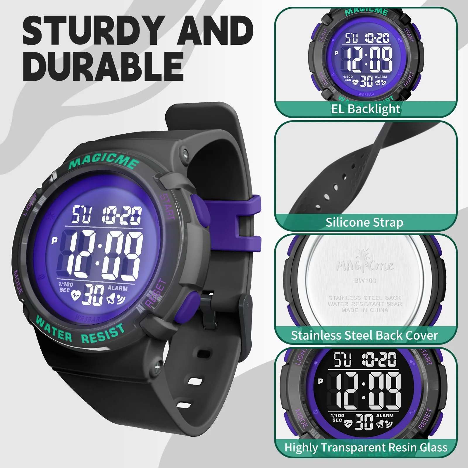 Bigmeda Orologio Bambini Digitale Impermeabile 50 M, da Polso per Ragazzi Con Luce LED, Insegnamento Con Cinturino in Silicone (Nero+Verde) - immagine 2