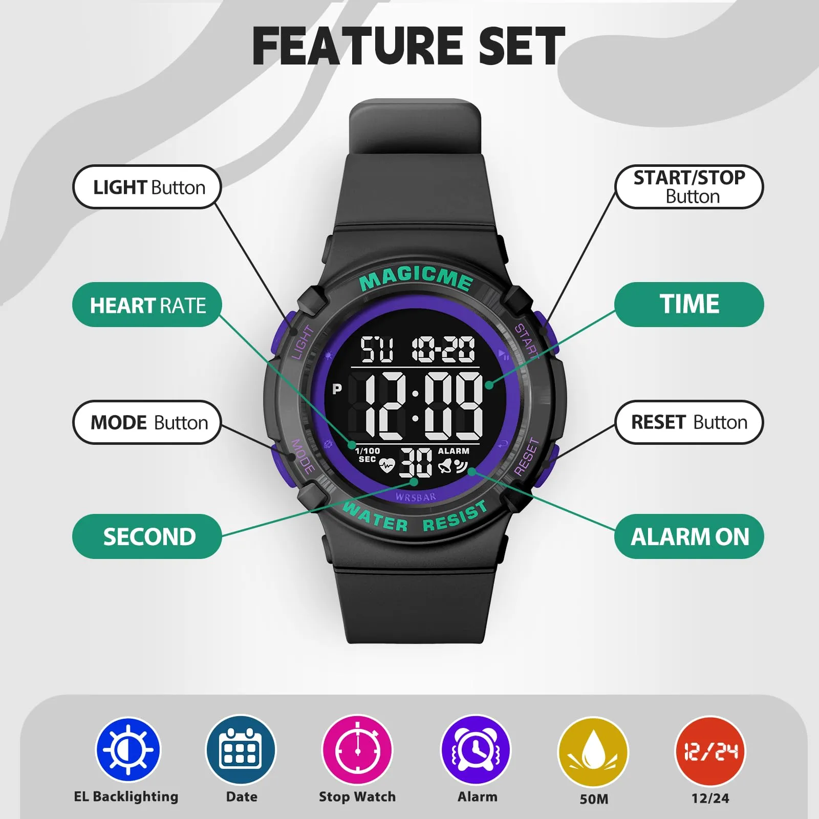 Bigmeda Orologio Bambini Digitale Impermeabile 50 M, da Polso per Ragazzi Con Luce LED, Insegnamento Con Cinturino in Silicone (Nero+Verde) - immagine 3