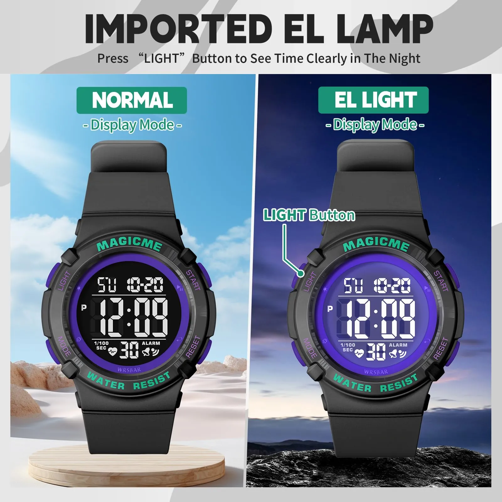 Bigmeda Orologio Bambini Digitale Impermeabile 50 M, da Polso per Ragazzi Con Luce LED, Insegnamento Con Cinturino in Silicone (Nero+Verde) - immagine 5