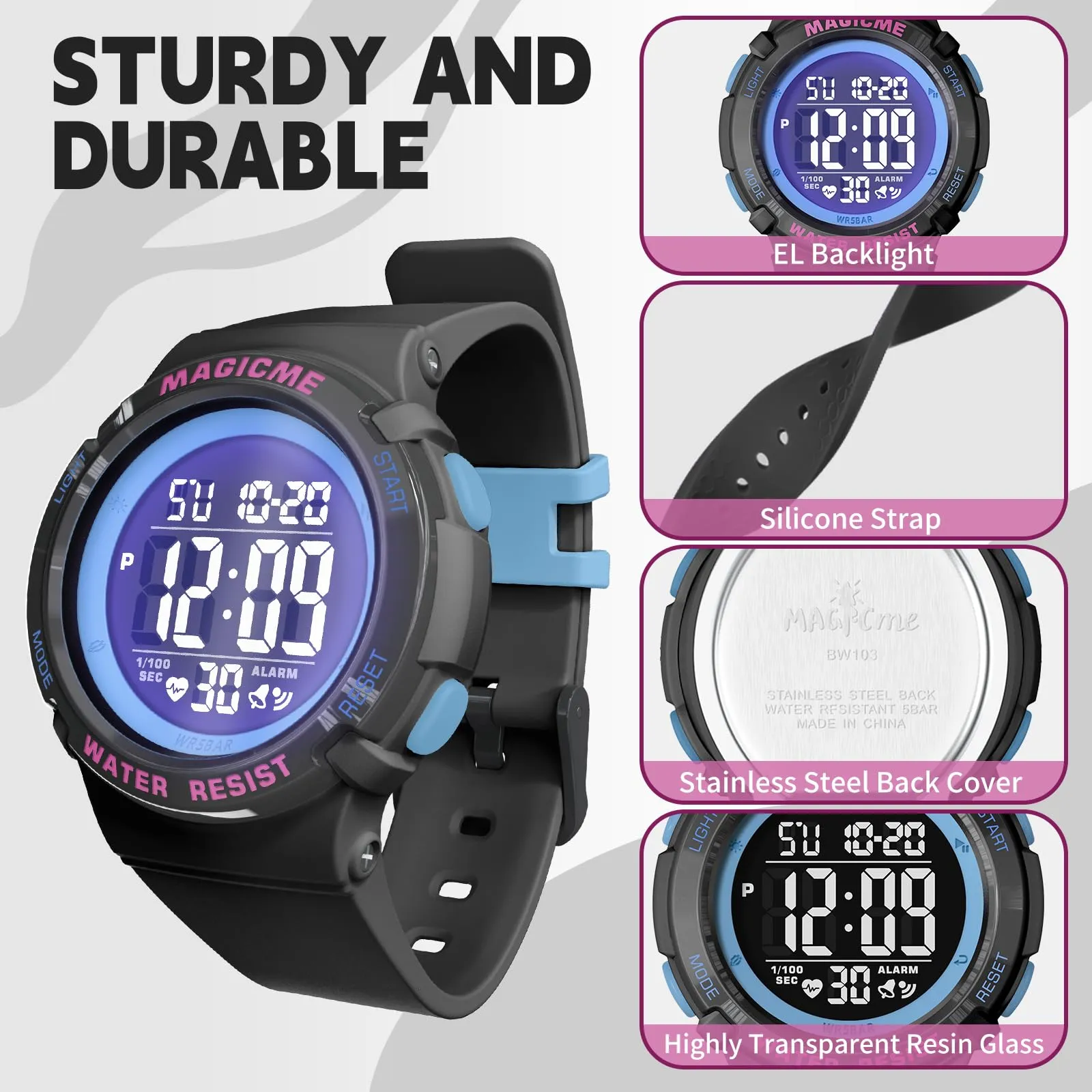 Bigmeda Orologio Bambini, Orologio da Polso per Ragazzi, Orologio Bambino Digitale Impermeabile 50 M, con luce LED, Orologio Insegnamento con Cinturino in Silicone (Nero+Rosa) - immagine 2