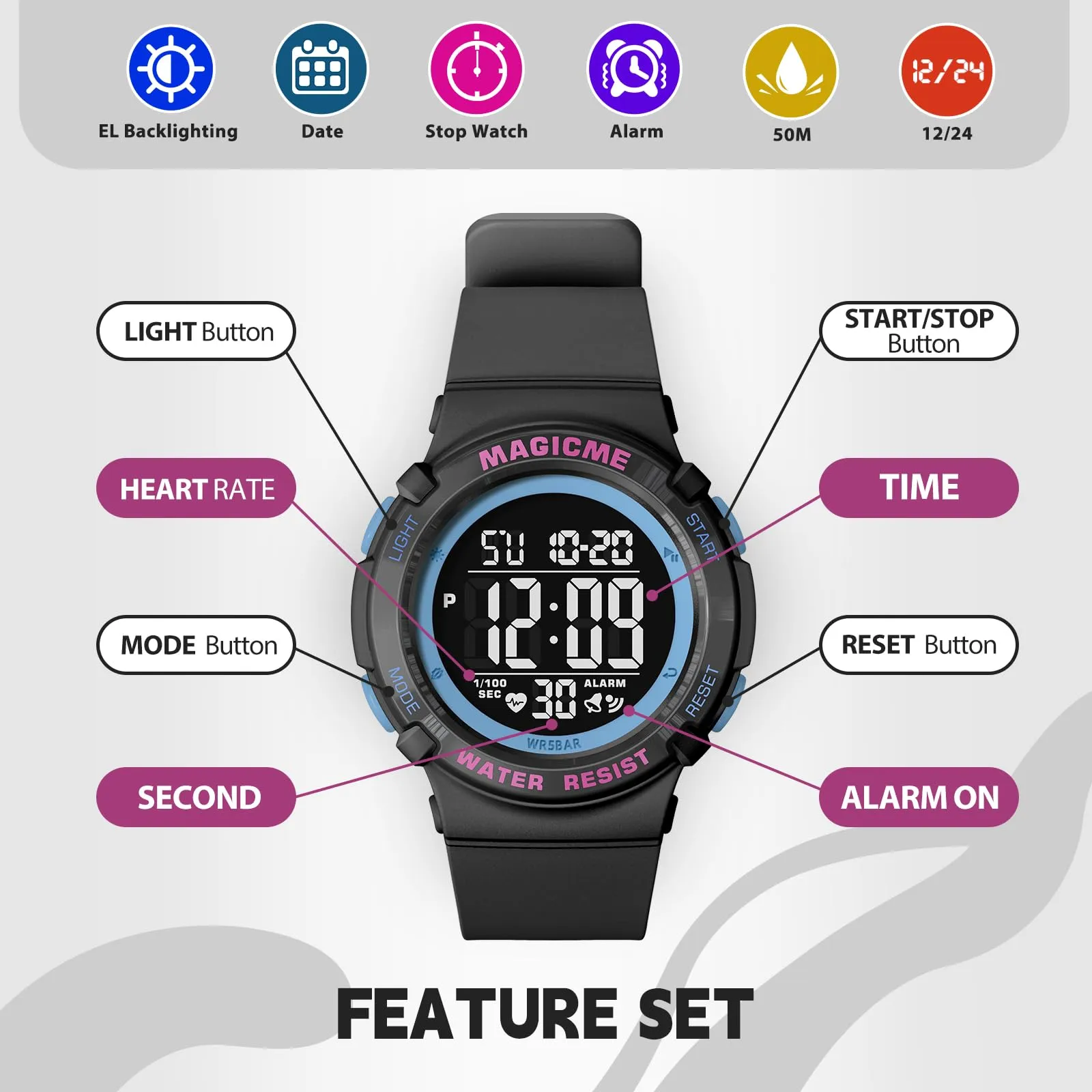 Bigmeda Orologio Bambini, Orologio da Polso per Ragazzi, Orologio Bambino Digitale Impermeabile 50 M, con luce LED, Orologio Insegnamento con Cinturino in Silicone (Nero+Rosa) - immagine 3